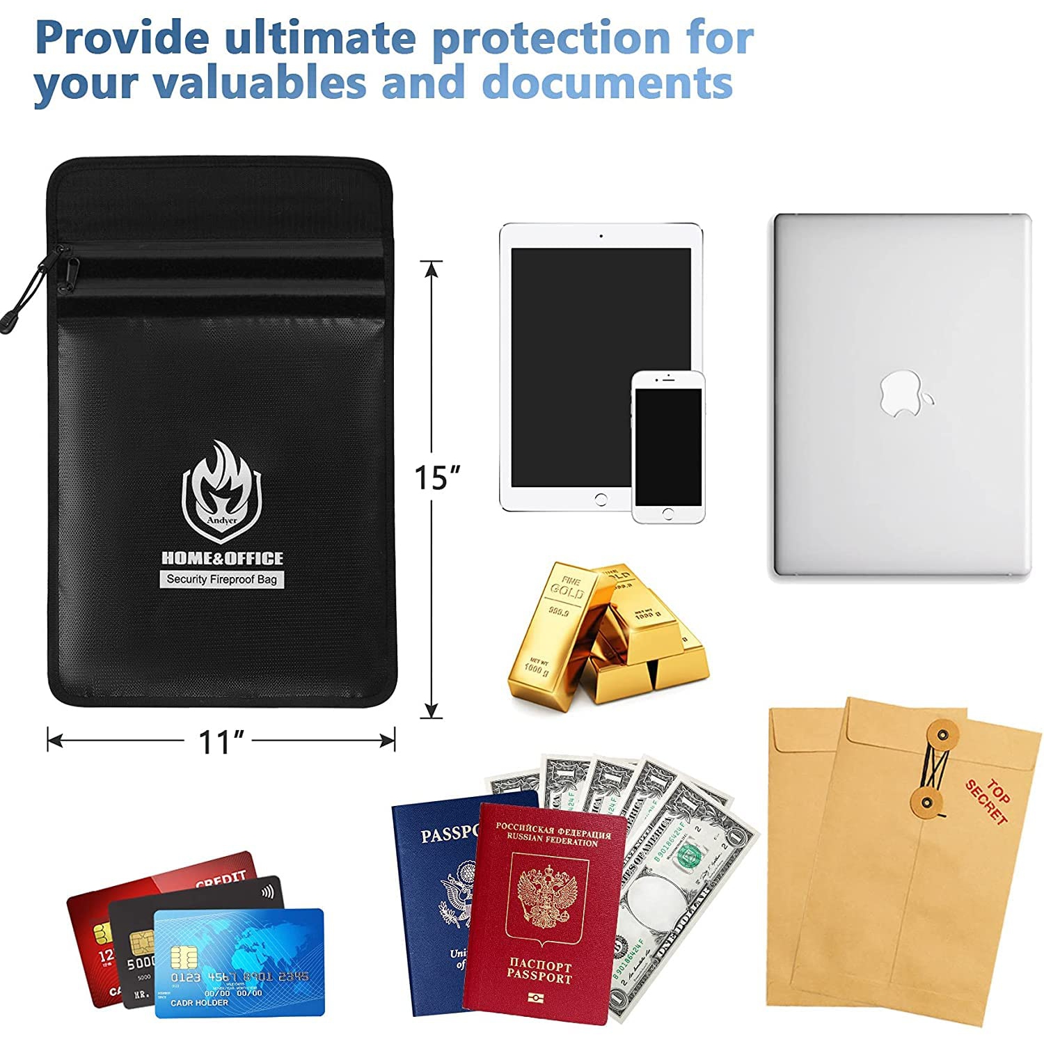 Upgraded Two Pockets Fireproof Document Bag, Andyer 15”x 11”Waterproof and Fireproof Money Bag with Zipper, Fire Safe Storage for