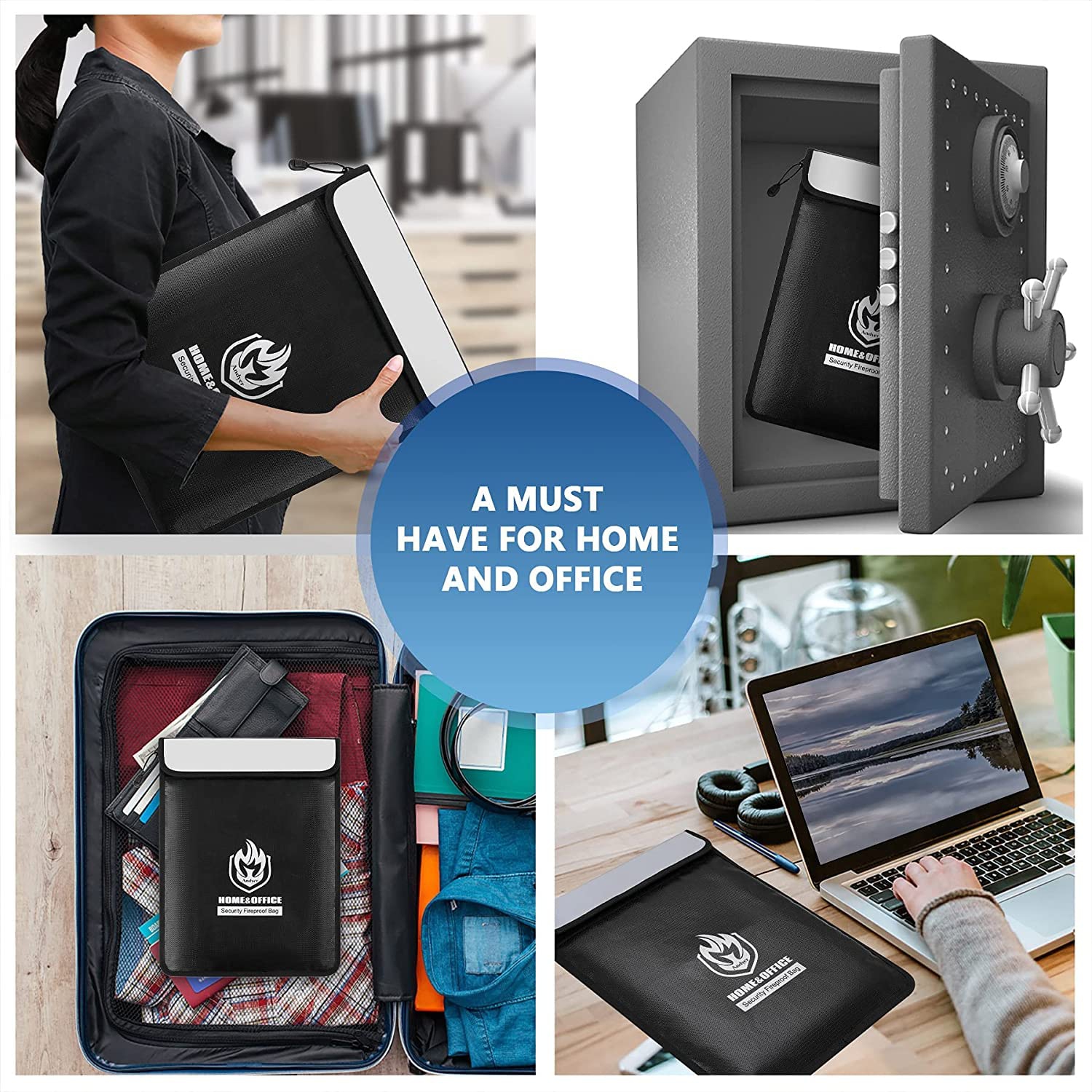 Upgraded Two Pockets Fireproof Document Bag, Andyer 15”x 11”Waterproof and Fireproof Money Bag with Zipper, Fire Safe Storage for