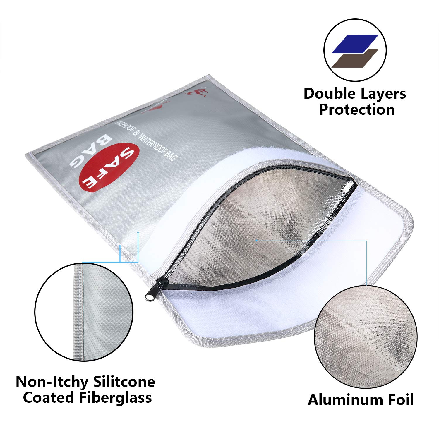 GEMEK Fireproof Document Bag 2 Set Silicone Coated Fiberglass Money Bag Pouch Document Holder for File Cash Jewelry Passport Valuables (Silver)