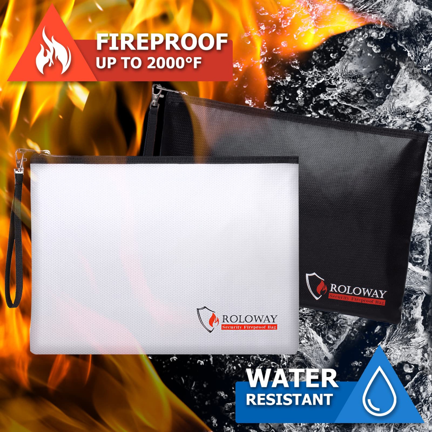 Fireproof Document Bag, Fireproof Money Bag for Cash, A4 Documents with Zipper & Strap (2-Pack)