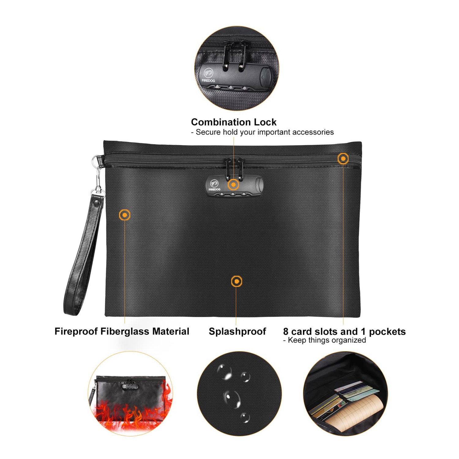 FireProof – Sac pour documents avec serrure, pochette de rangement étanche ignifuge pour documents A4, dossier, argent et objets de valeur