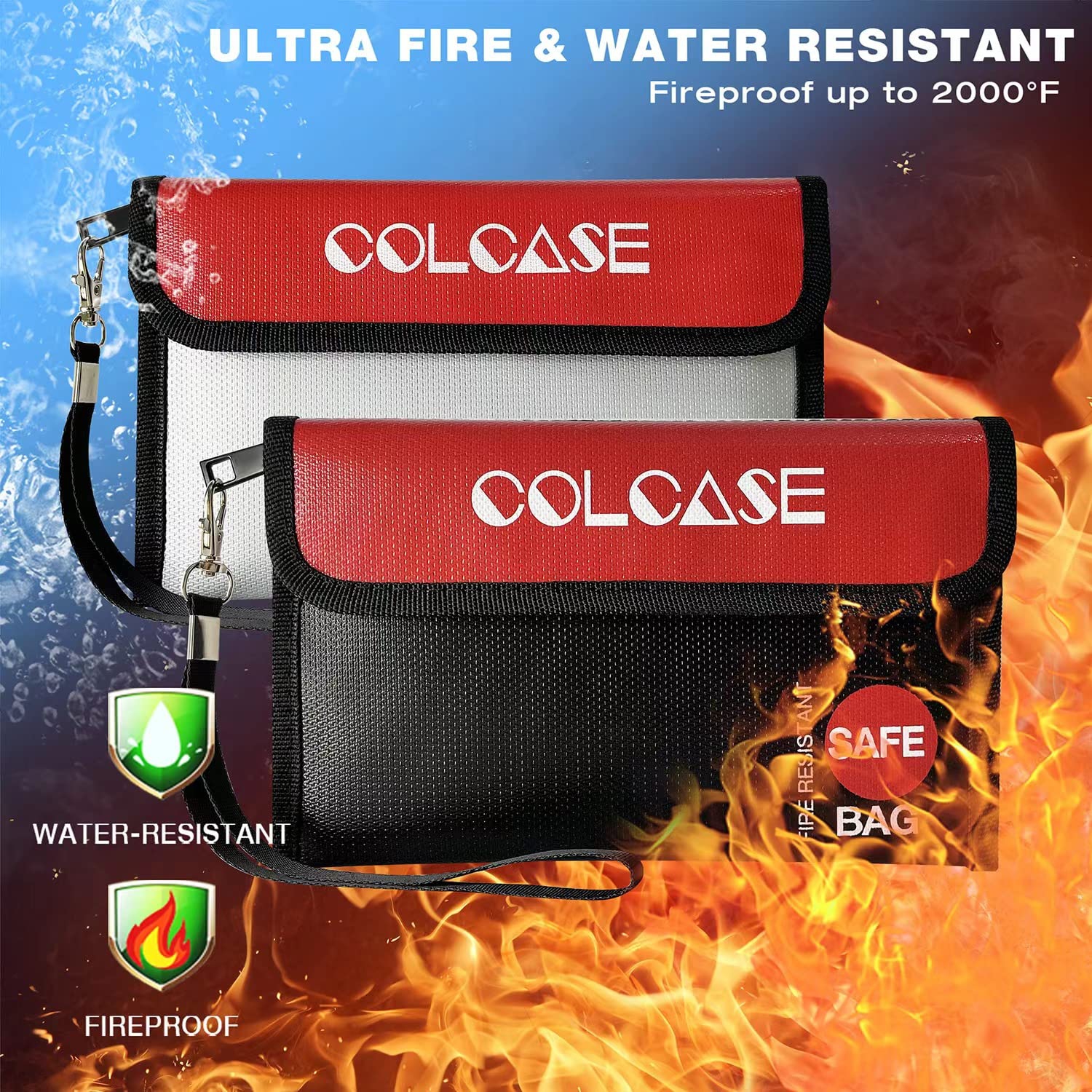 COLCASE – Sac d’argent ignifuge, 2 sacs d’argent ignifureds et étanches avec fermeture à glissière, pochette-portefeuille à l’épreuve du feu pour