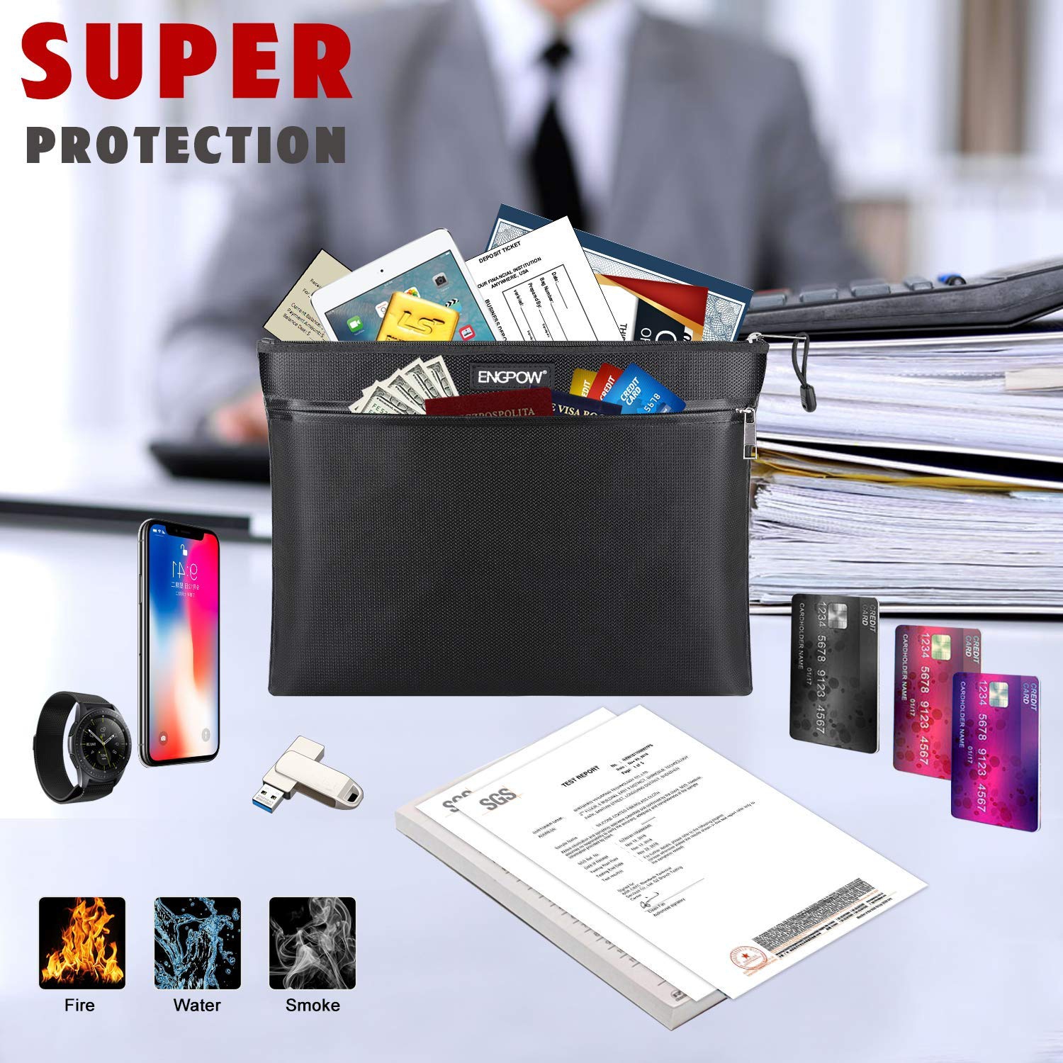 Fireproof Document Bag Two Pockets Two Zippers,ENGPOW Fireproof Safe Bag 13.4"x 10.2" Waterproof and Fireproof Money Bags Money Safe Pouch File