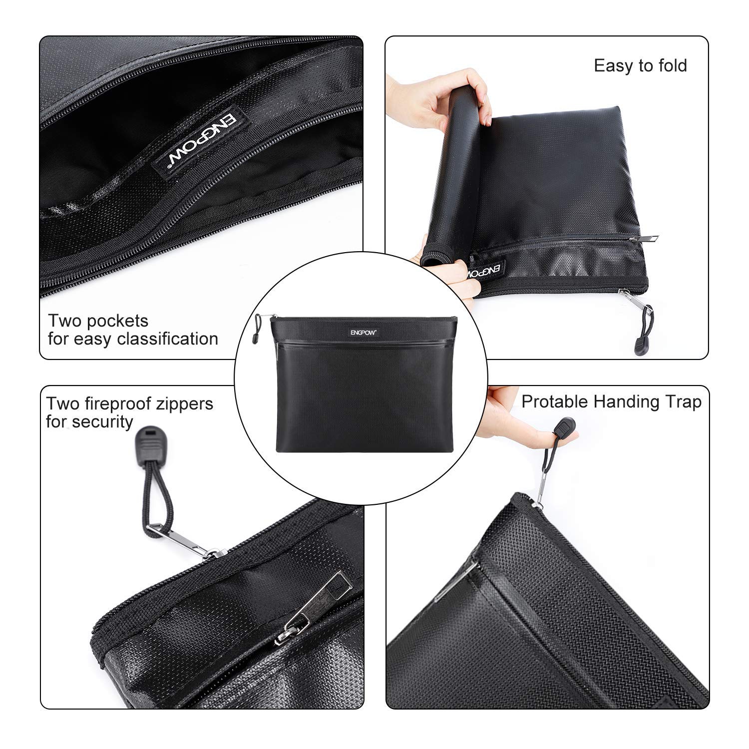 Fireproof Document Bag Two Pockets Two Zippers,ENGPOW Fireproof Safe Bag 13.4"x 10.2" Waterproof and Fireproof Money Bags Money Safe Pouch File
