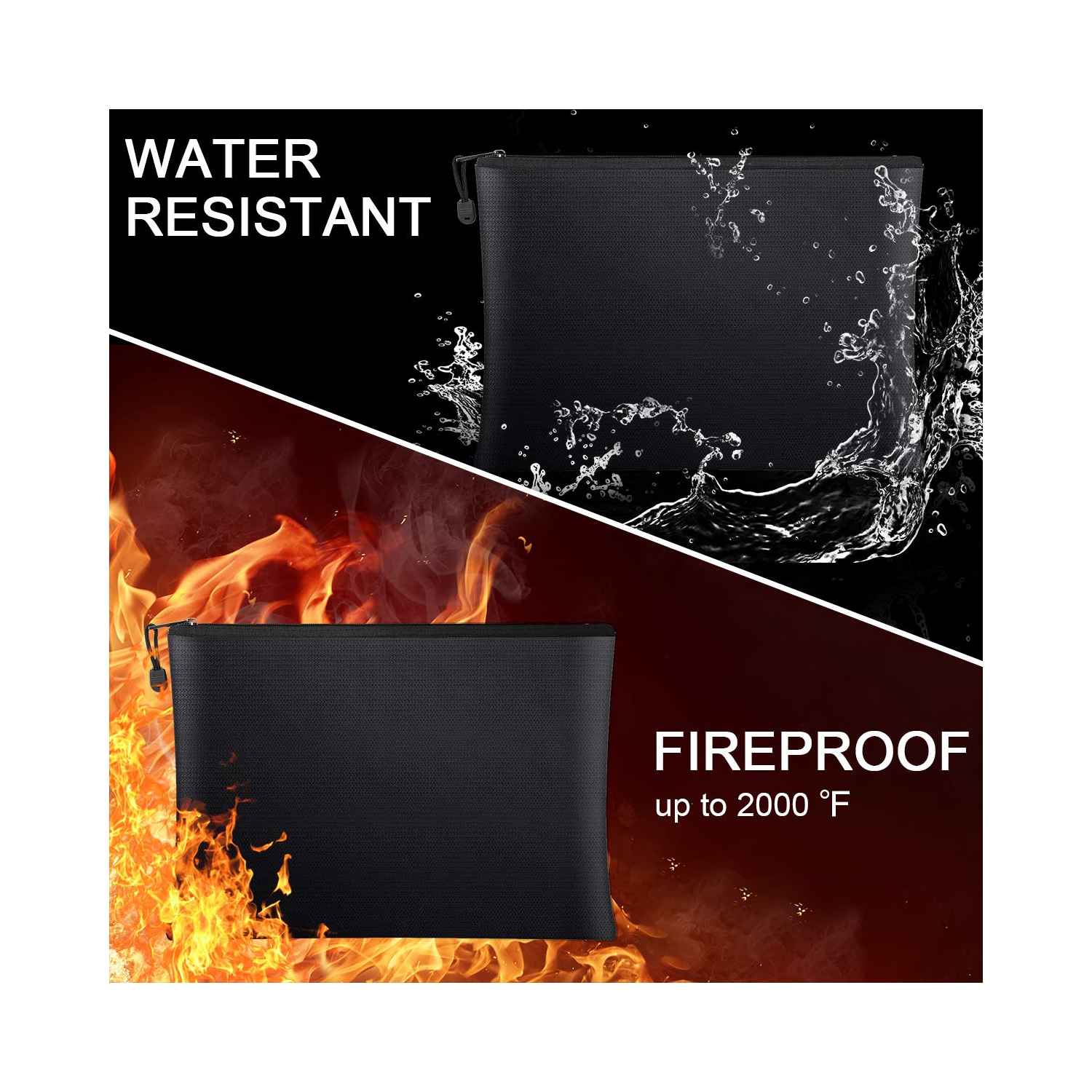 Fireproof Document Bags 2 Pack,15”x 11”Large Waterproof and Fireproof Folder Money Bag and 11.4”x8.3”Fireproof Safe Storage Pouch with Zipper for A4
