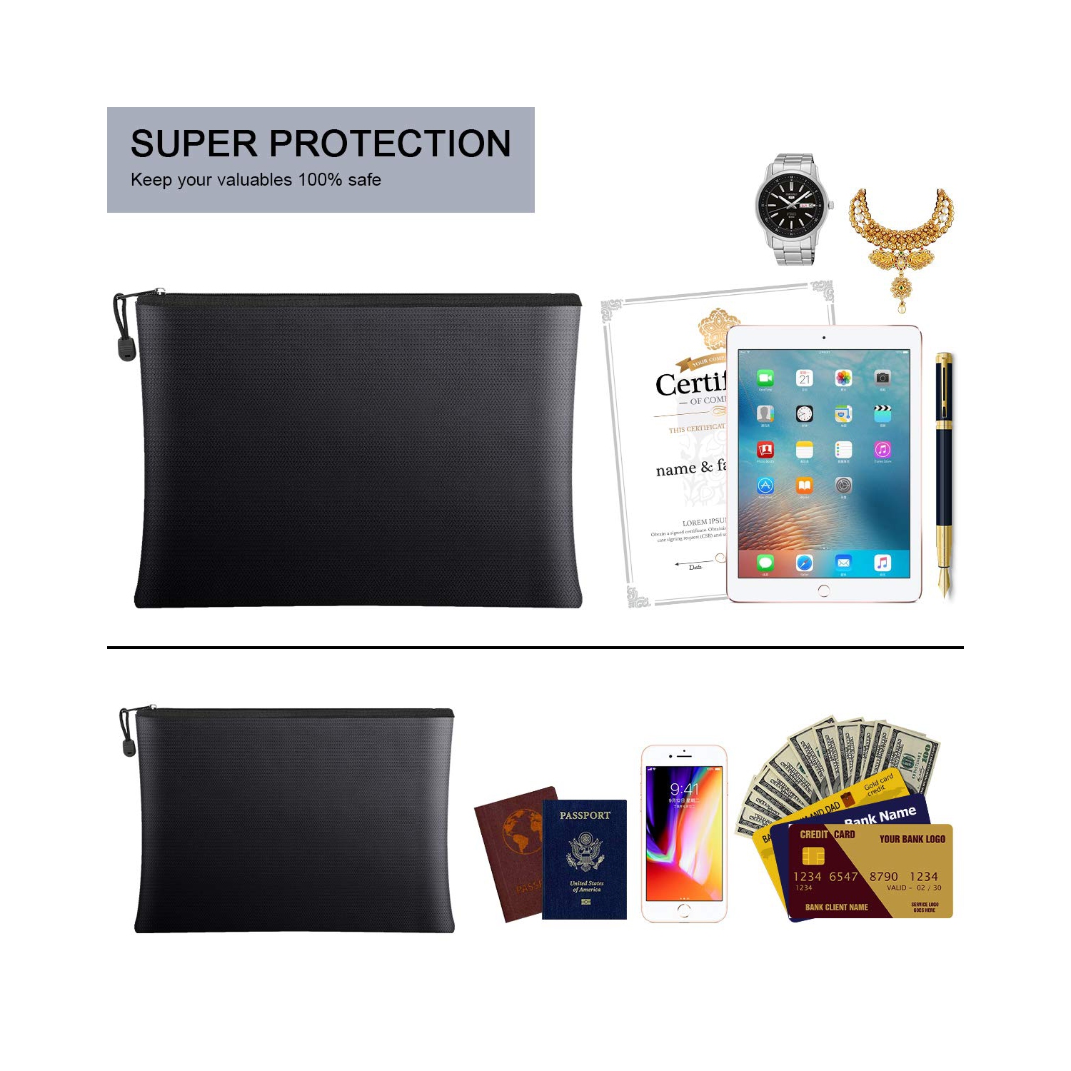 Fireproof Document Bags 2 Pack,15”x 11”Large Waterproof and Fireproof Folder Money Bag and 11.4”x8.3”Fireproof Safe Storage Pouch with Zipper for A4