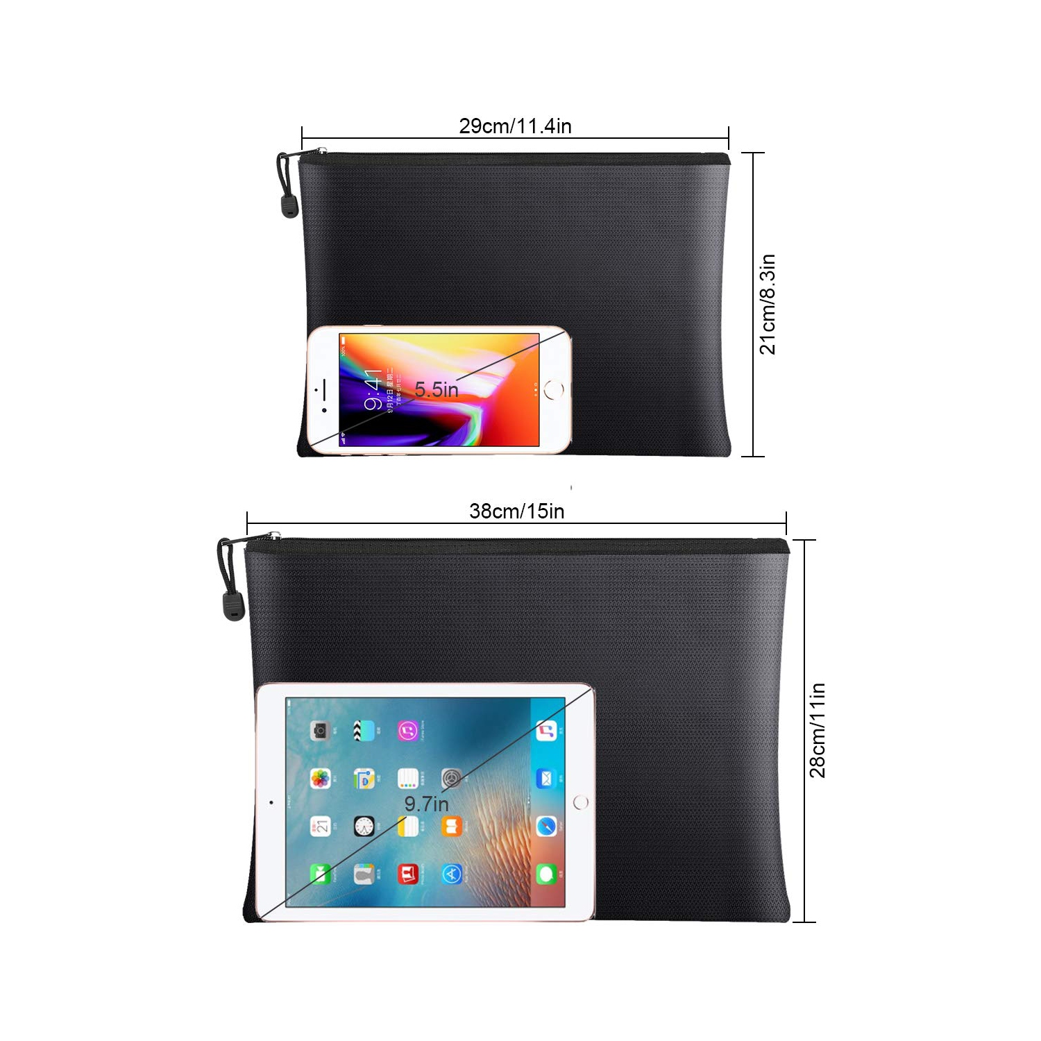 Fireproof Document Bags 2 Pack,15”x 11”Large Waterproof and Fireproof Folder Money Bag and 11.4”x8.3”Fireproof Safe Storage Pouch with Zipper for A4