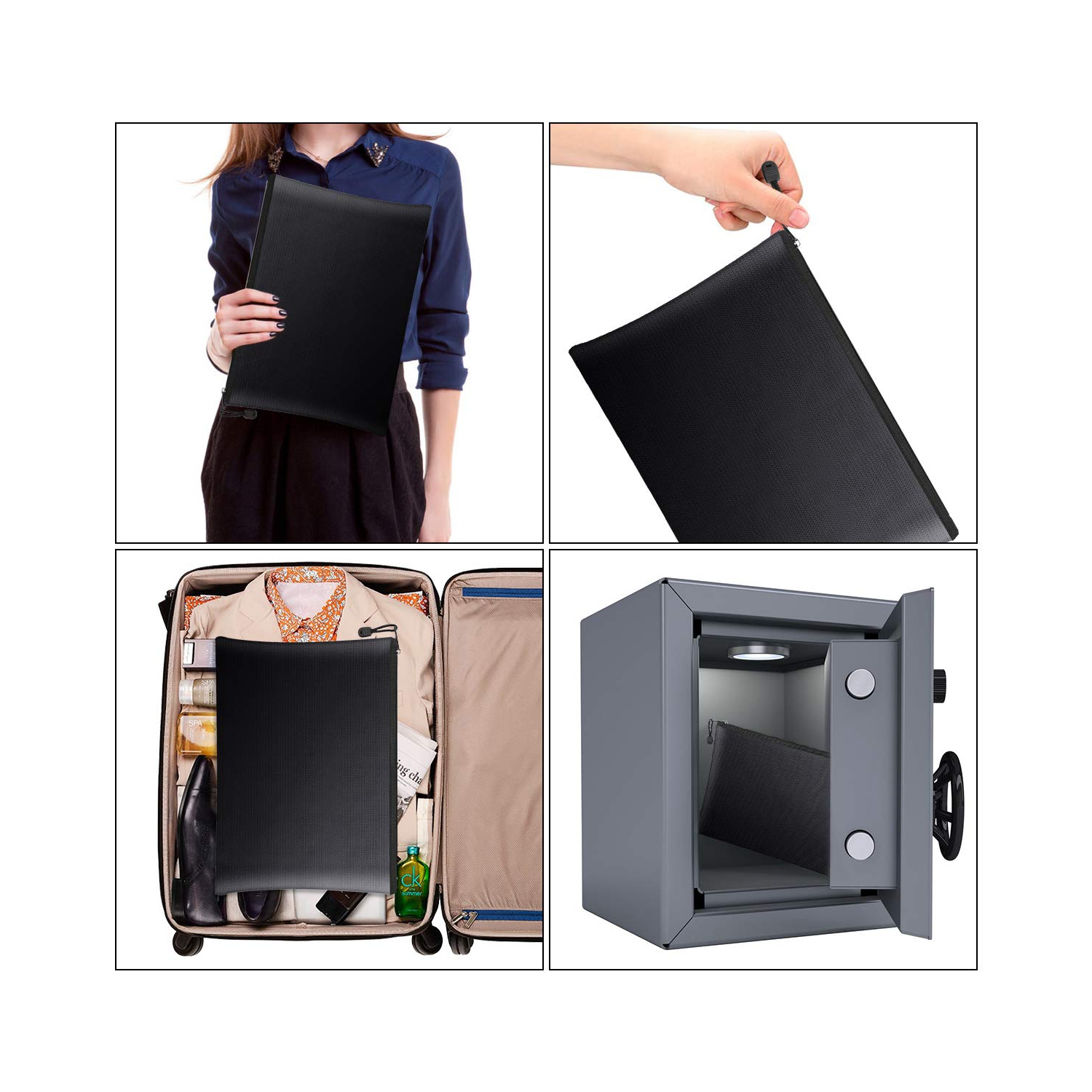 Fireproof Document Bags 2 Pack,15”x 11”Large Waterproof and Fireproof Folder Money Bag and 11.4”x8.3”Fireproof Safe Storage Pouch with Zipper for A4