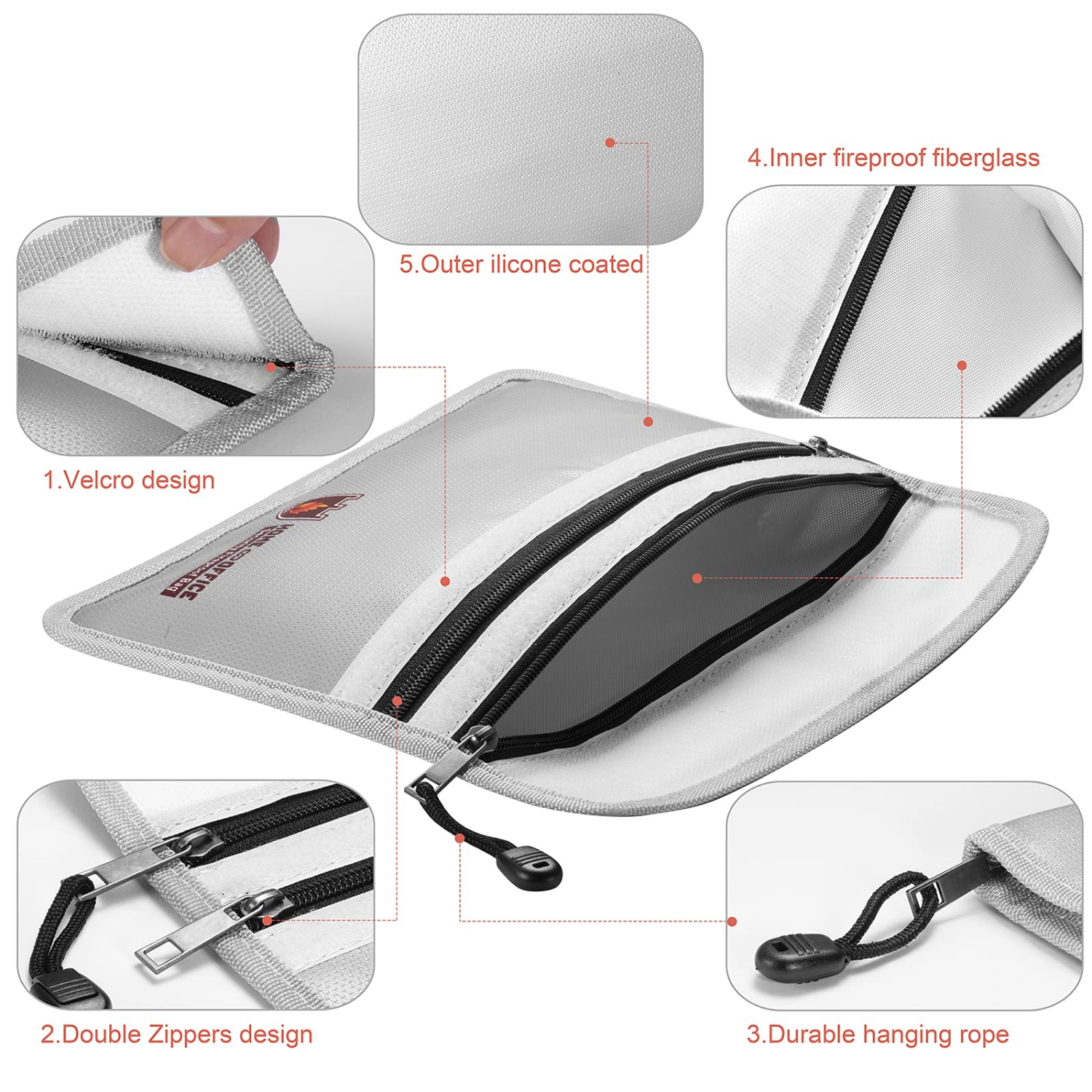 Fireproof Document Bag, 10.6”x 6.9” Waterproof and Fireproof Money Bag with Zipper, Fireproof Safe Storage Pouch for Passport,Cash,Jewelry,Legal