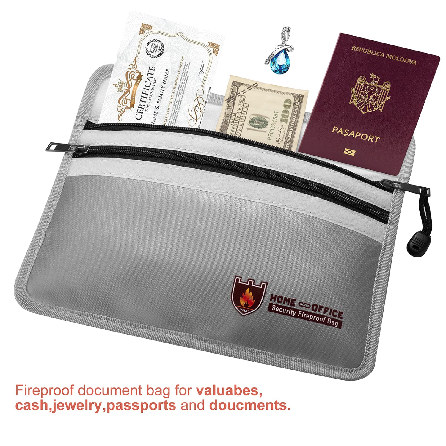 Fireproof Document Bag, 10.6”x 6.9” Waterproof and Fireproof Money Bag with Zipper, Fireproof Safe Storage Pouch for Passport,Cash,Jewelry,Legal