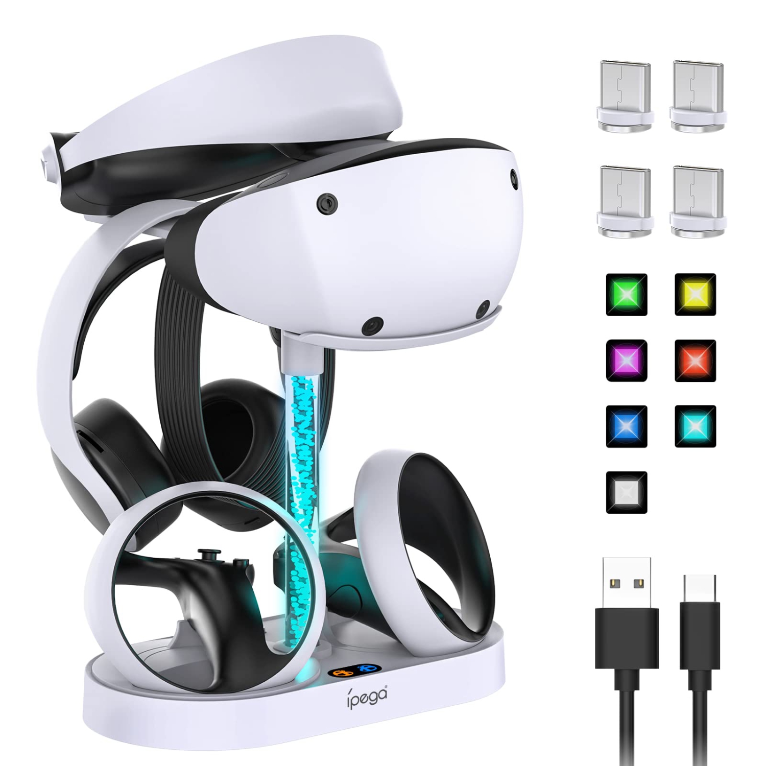 FASTSNAIL Charging Stand for Playstation VR2, Multifunction Vertical PS VR2 Headset & Sense Controllers Charge Dock Station with 10 RGB Light Modes of Memory, PS5 VR Storage Base G
