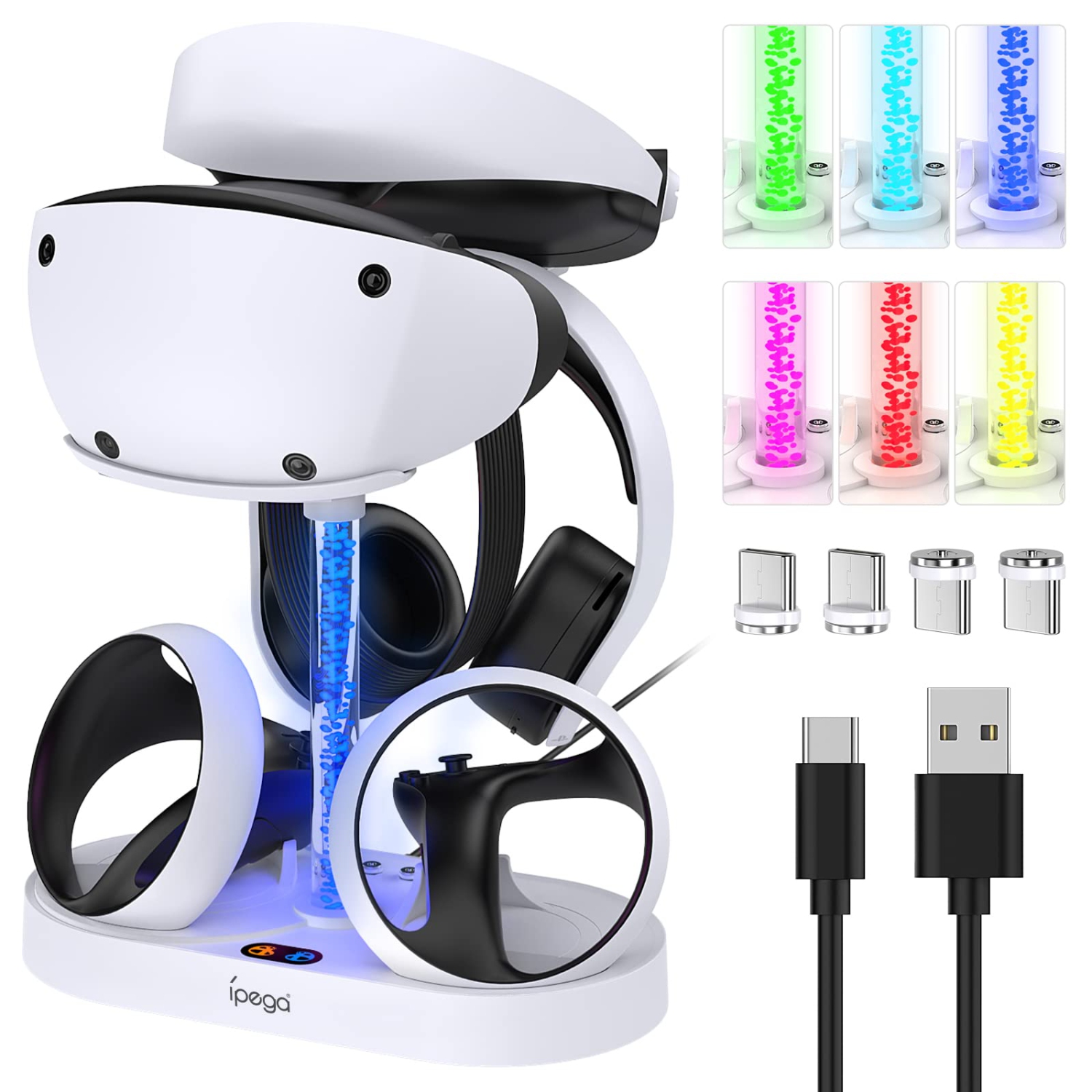 Charging Station for PS VR2 with RGB Light, GORIXER Vertical Charging Stand Dock Support for PlayStation VR2 Headset Display Accessories for PSFVR2 with 4 Type-C Magnetic Adapters