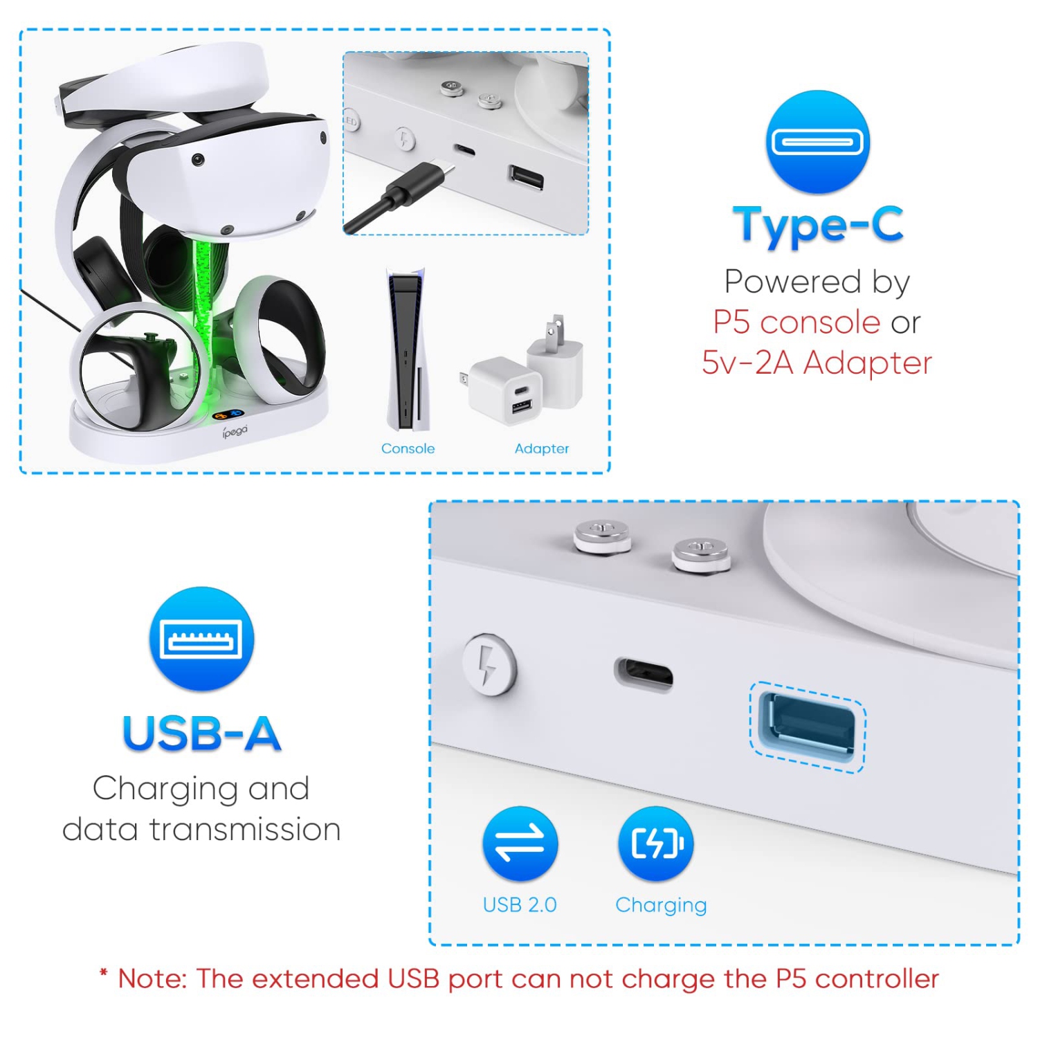 Charging Station for PSVR2 Controller with Display Stand &Colorful Light, Fast Charger Dock for PS VR2 Accessories with Charging Indicator, Headset