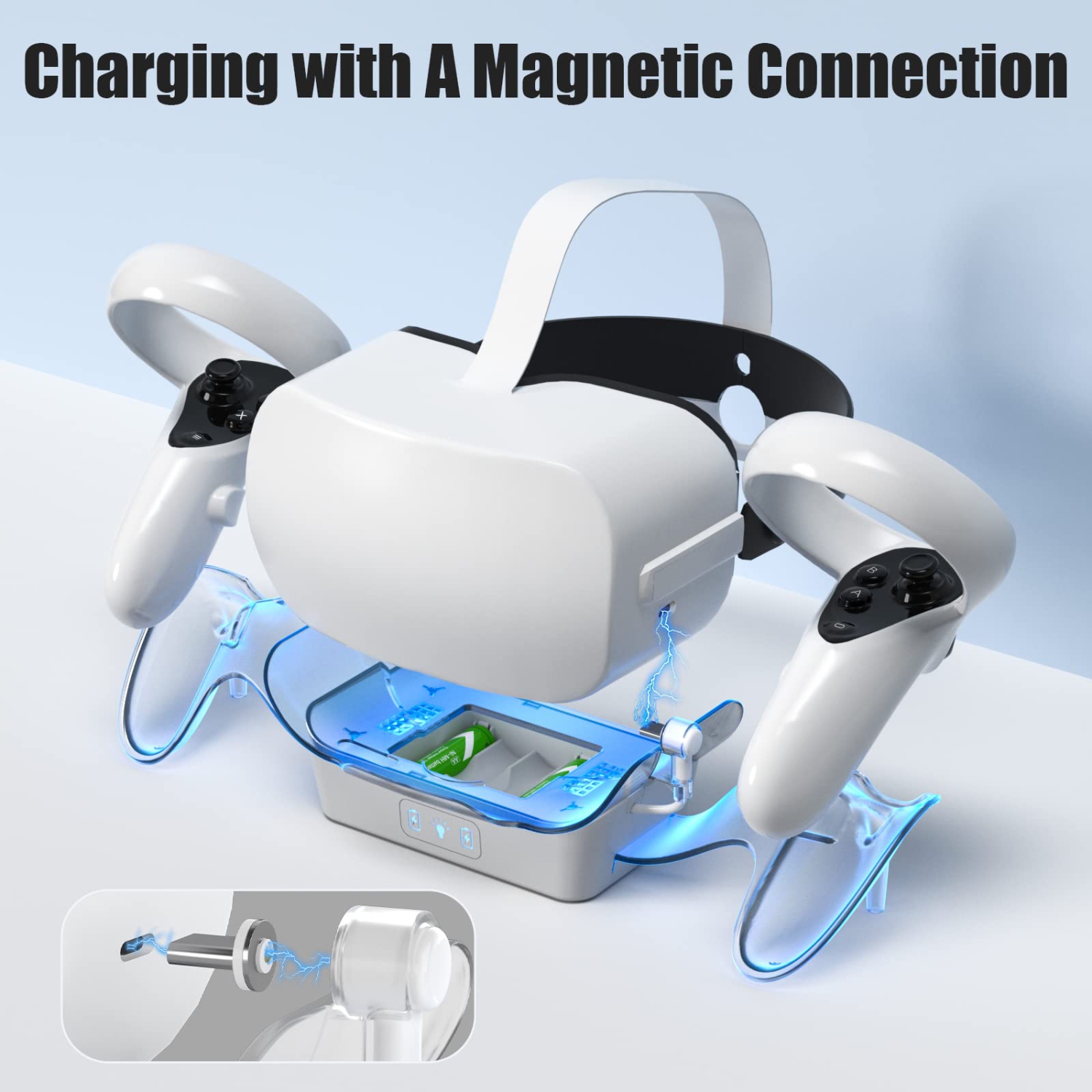 VR Charging Dock for Oculus Quest 2/Meta Quest 2,VR Headset and Controller Display Stand with LED Light, Two Rechargeable Batteries, Magnetic