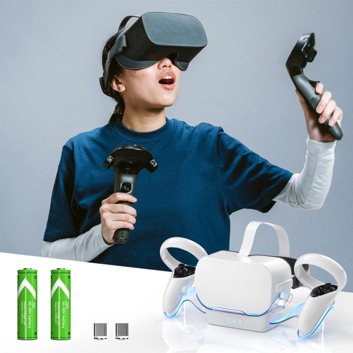 VR Charging Dock for Oculus Quest 2/Meta Quest 2,VR Headset and Controller Display Stand with LED Light, Two Rechargeable Batteries, Magnetic