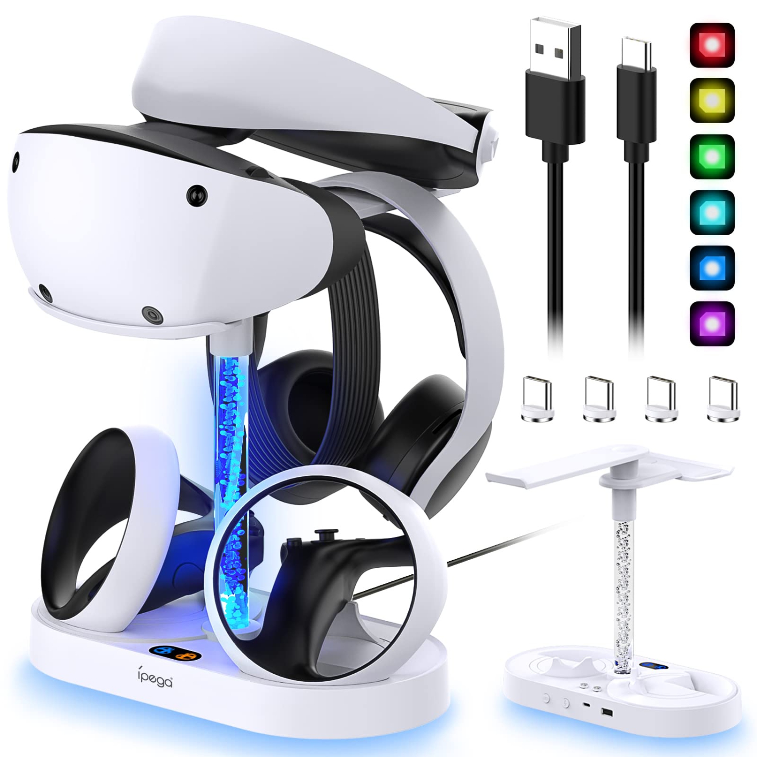 Charging Dock Stand for PSVR2 with 9 RGB Lights, MENEEA Charger Station for Playstation VR2 Controller, PS VR2 Headset Holder& 4xType-C Magnetic Charger Port