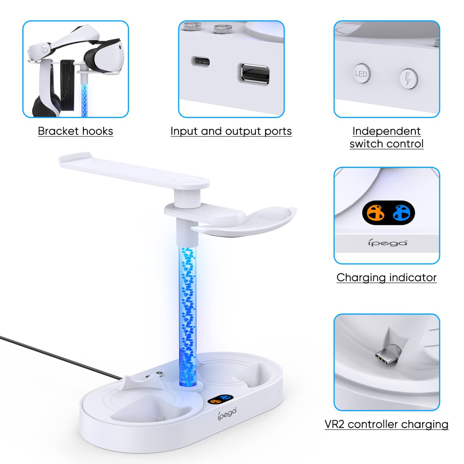Station de chargement pour PSVR2 avec 9 lumières RVB, station de chargement MENEEE pour manette PlayStation VR2, support pour casque PS VR2 et port
