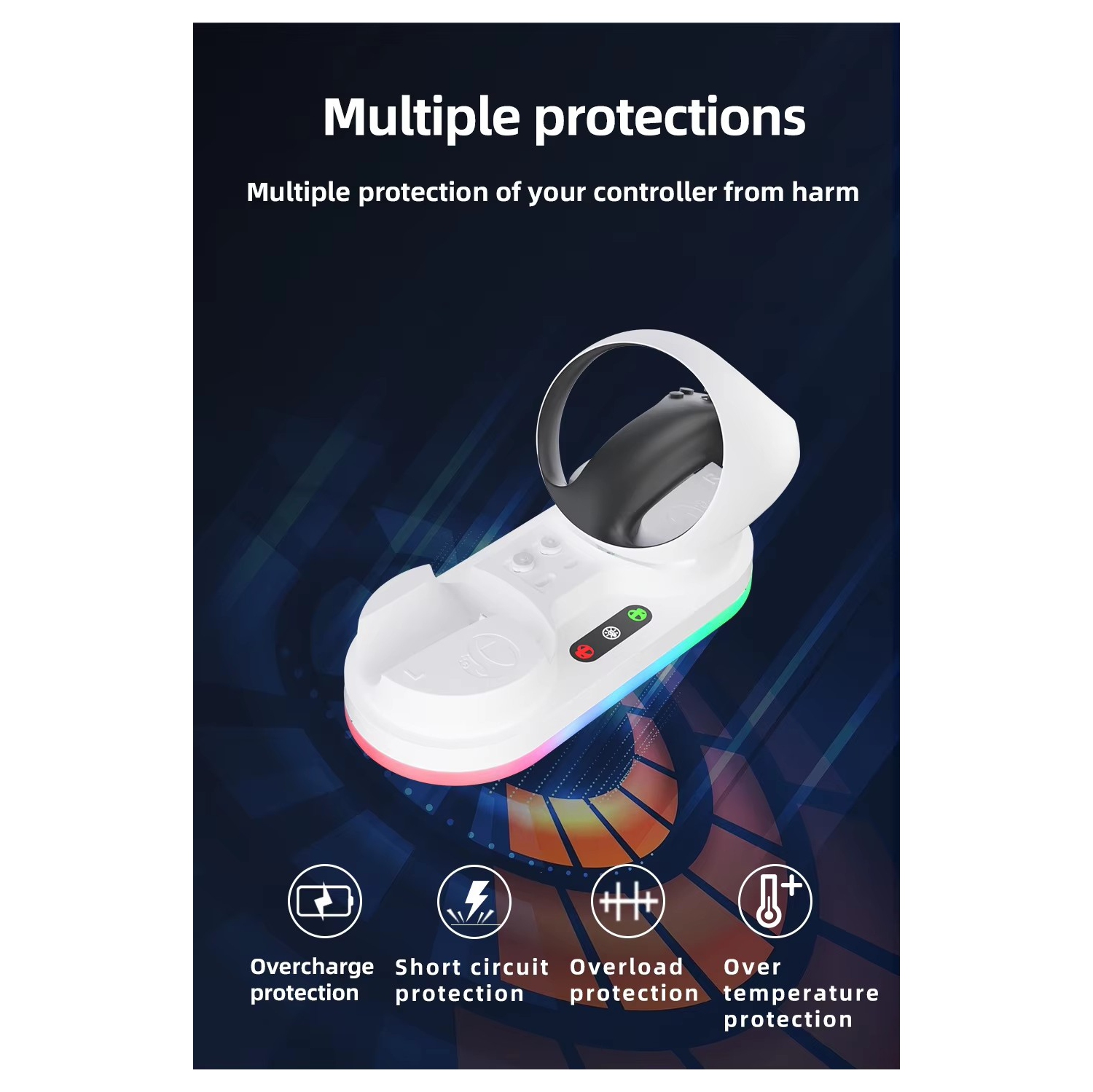 Controller Charging Dock with RGB Lighting for PlayStation PS VR2, 4 Magnetic Terminals, Fast Type-C Charger, Touch Control, Overcharge & Short