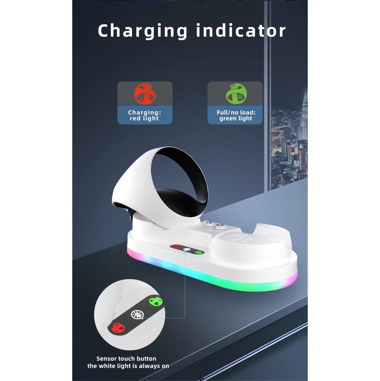 Controller Charging Dock with RGB Lighting for PlayStation PS VR2, 4 Magnetic Terminals, Fast Type-C Charger, Touch Control, Overcharge & Short
