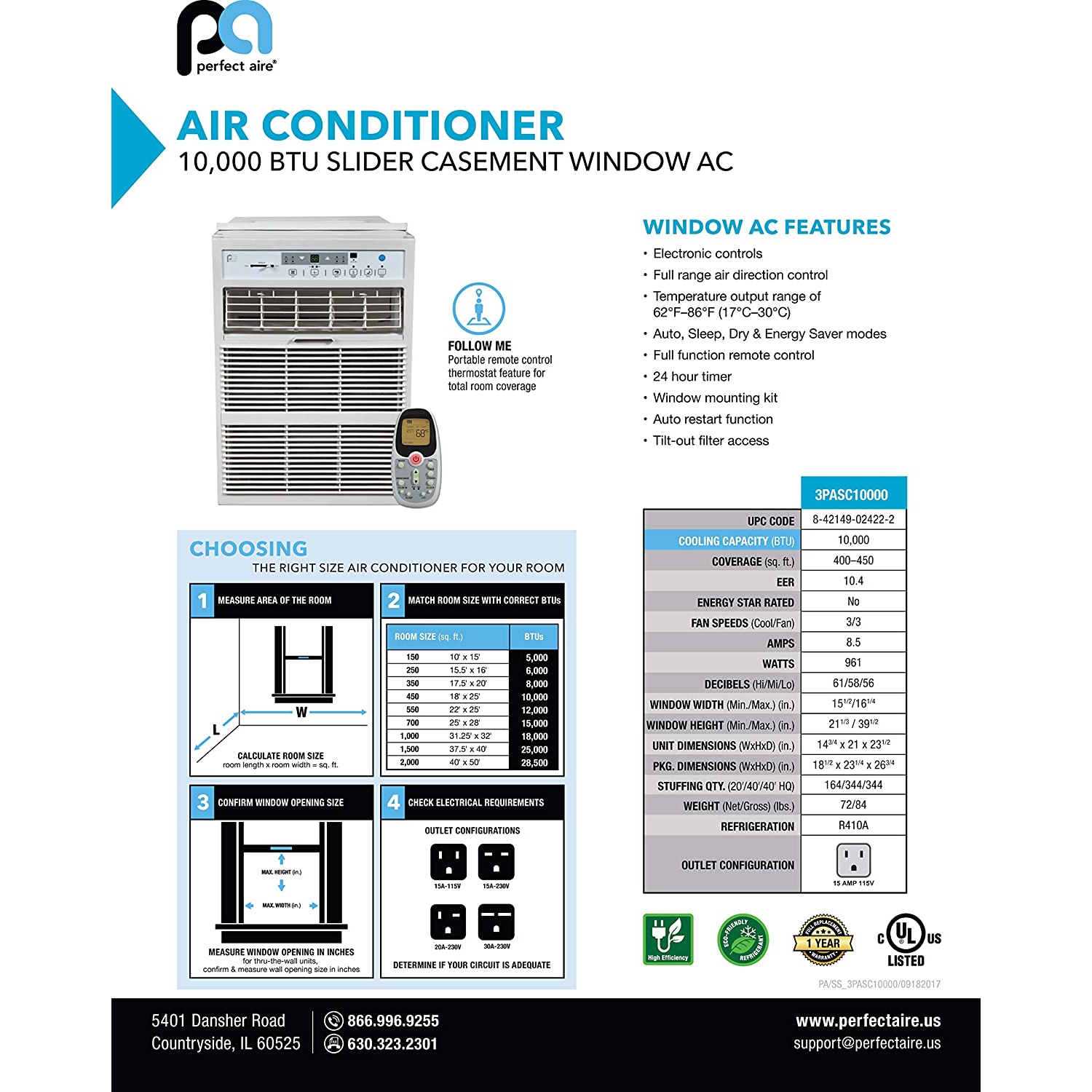 PerfectAire 10,000 BTU Slider Air Conditioner Window A/C - Casement, Gray