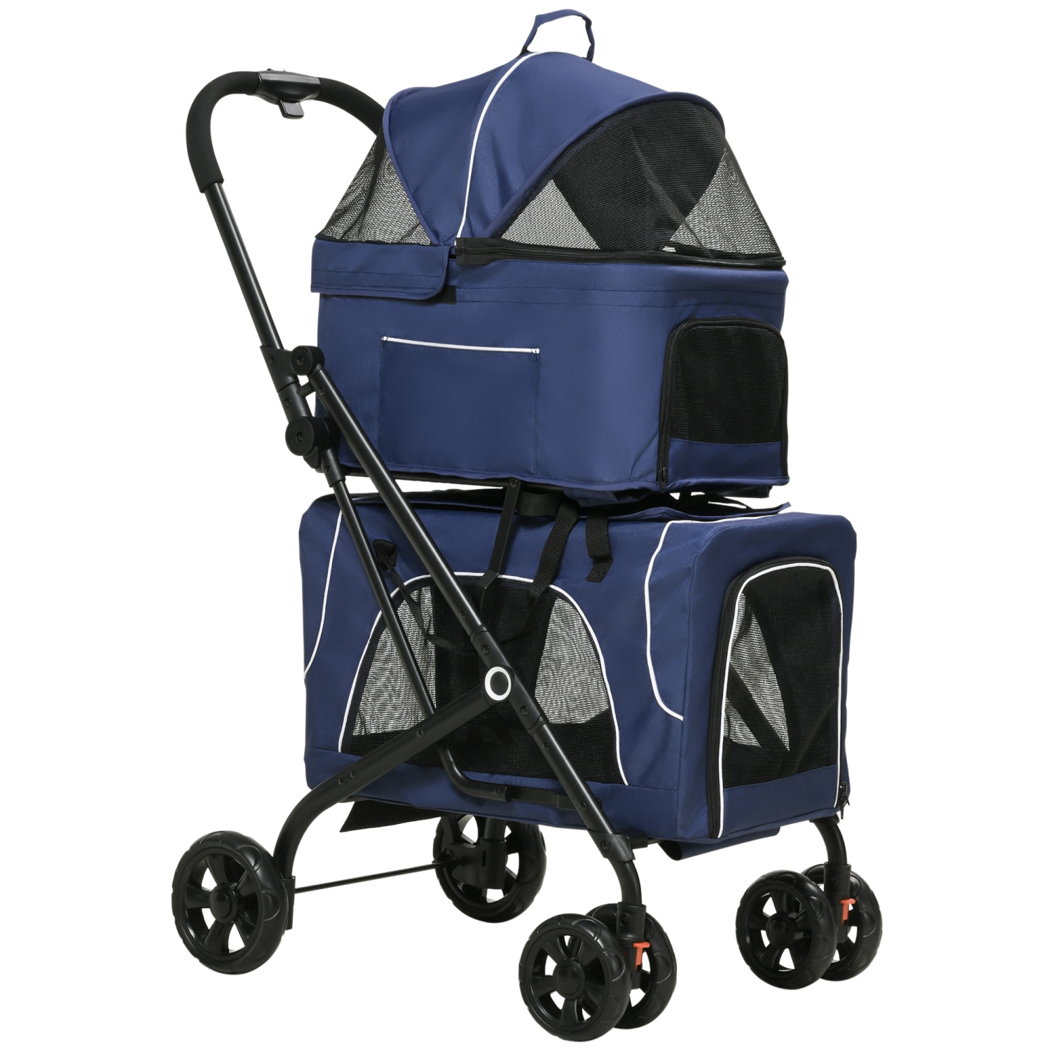 PawHut 3-in-1 Double Pet Stroller for Small Miniature Dogs Cats with Removable Carrier, Foldable Travel Carrier Bag, Car Seat, Blue