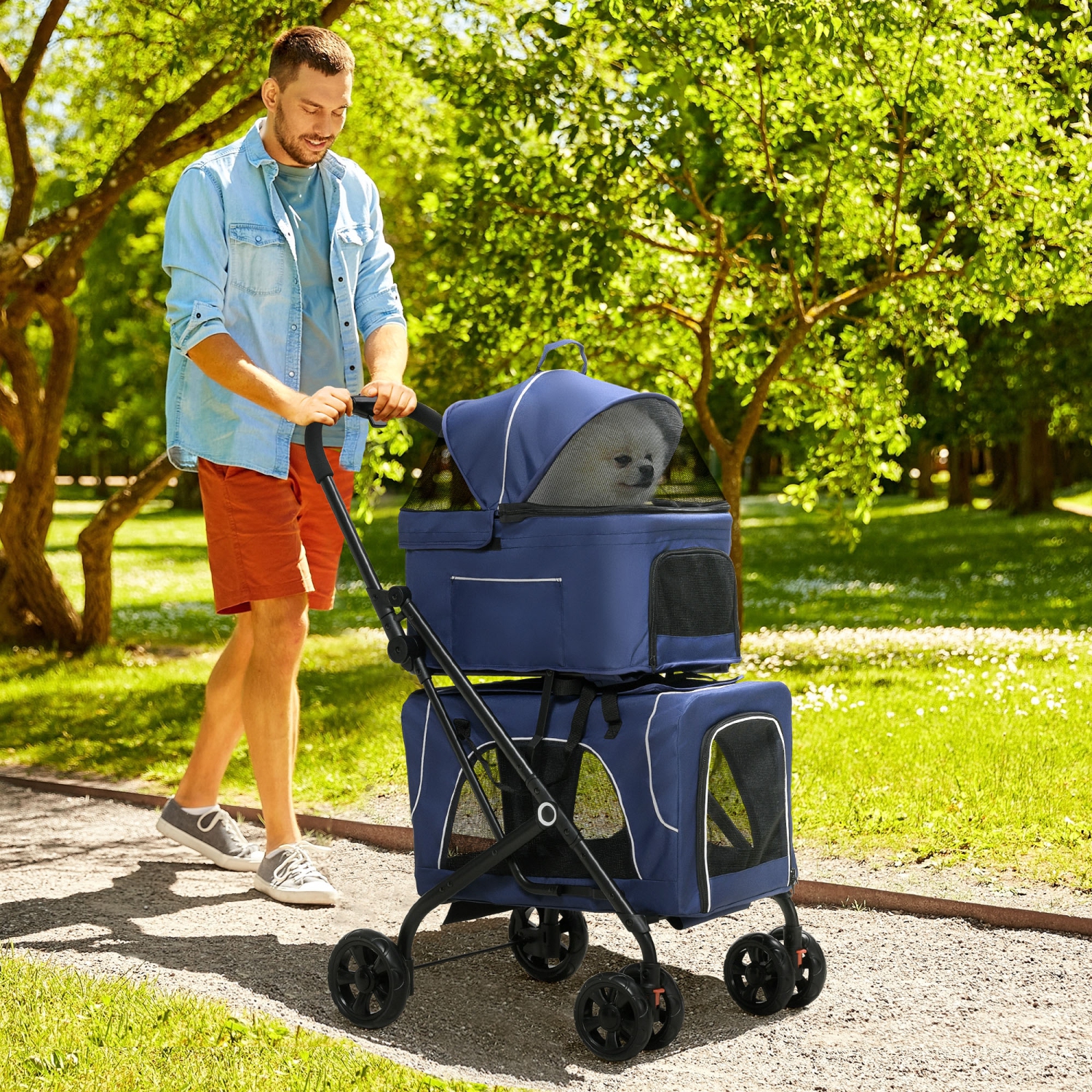 PawHut 3-in-1 Double Pet Stroller for Small Miniature Dogs Cats with Removable Carrier, Foldable Travel Carrier Bag, Car Seat, Blue