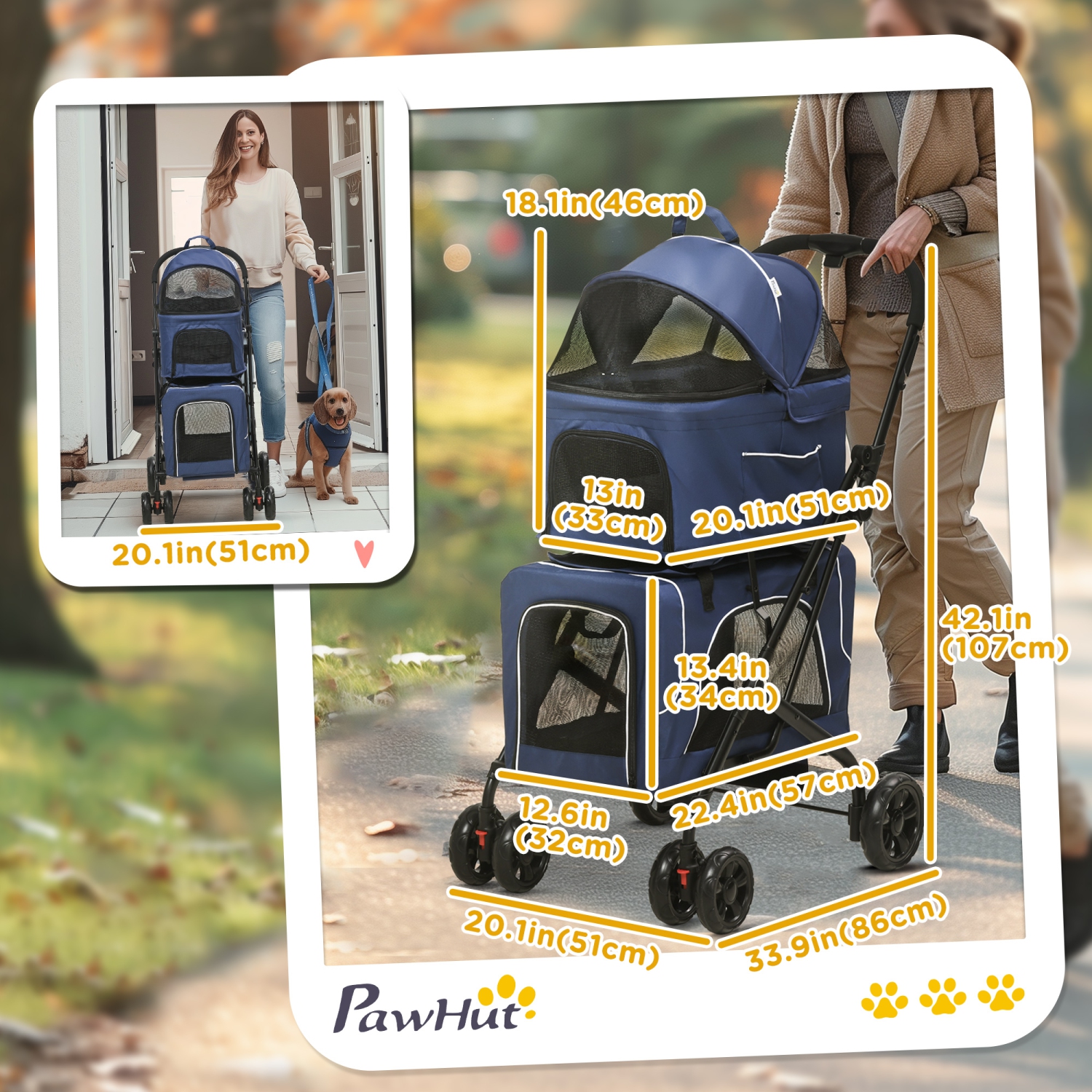 PawHut 3-in-1 Double Pet Stroller for Small Miniature Dogs Cats with Removable Carrier, Foldable Travel Carrier Bag, Car Seat, Blue