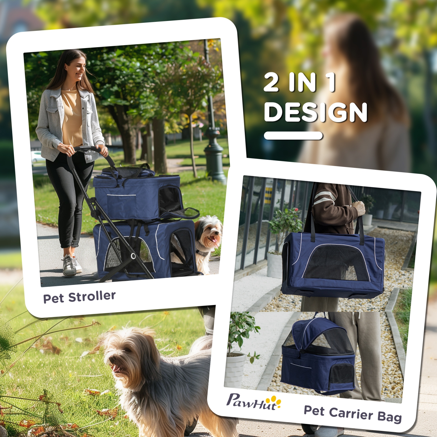 PawHut 3-in-1 Double Pet Stroller for Small Miniature Dogs Cats with Removable Carrier, Foldable Travel Carrier Bag, Car Seat, Blue
