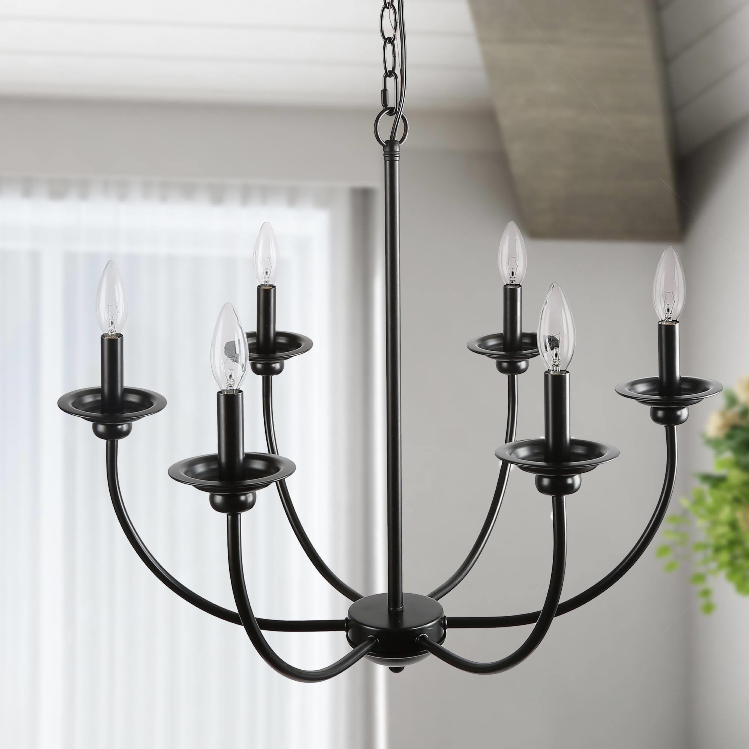 Mid-Century Modern 6-Light Black Candle Chandelier for Dining Room