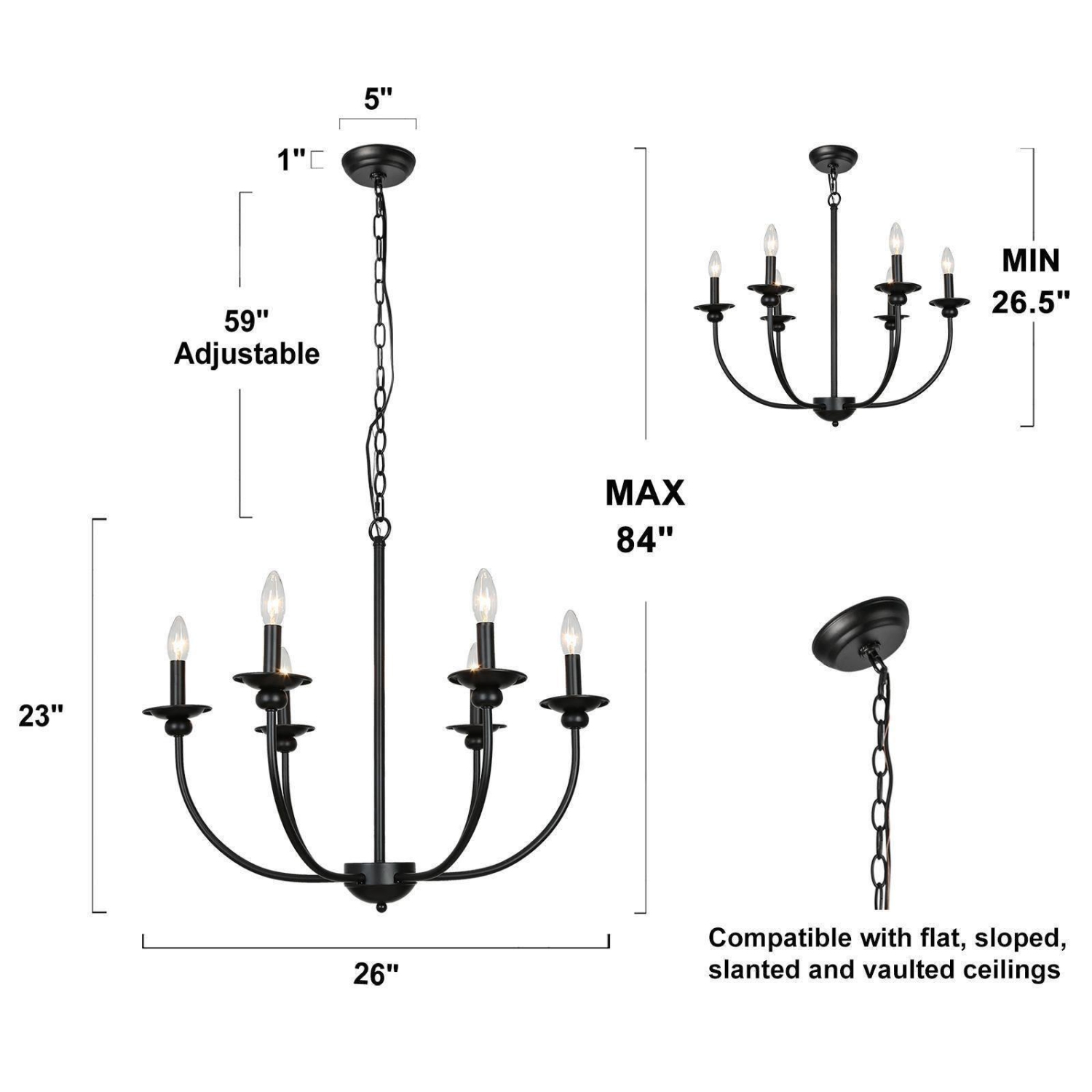 Mid-Century Modern 6-Light Black Candle Chandelier for Dining Room