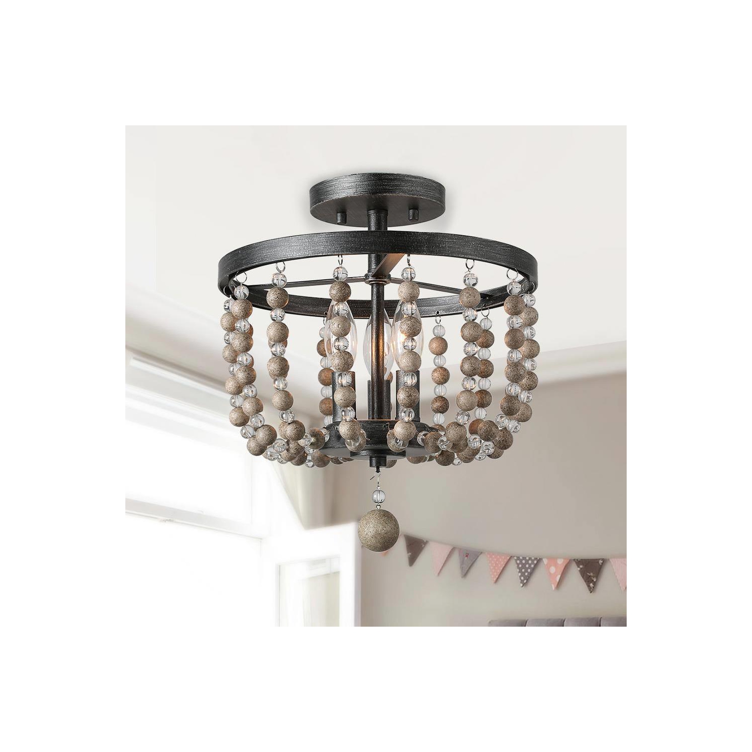 Modern Farmhouse Wood 3-Light Boho Crystal Beads Flush Mount Lights