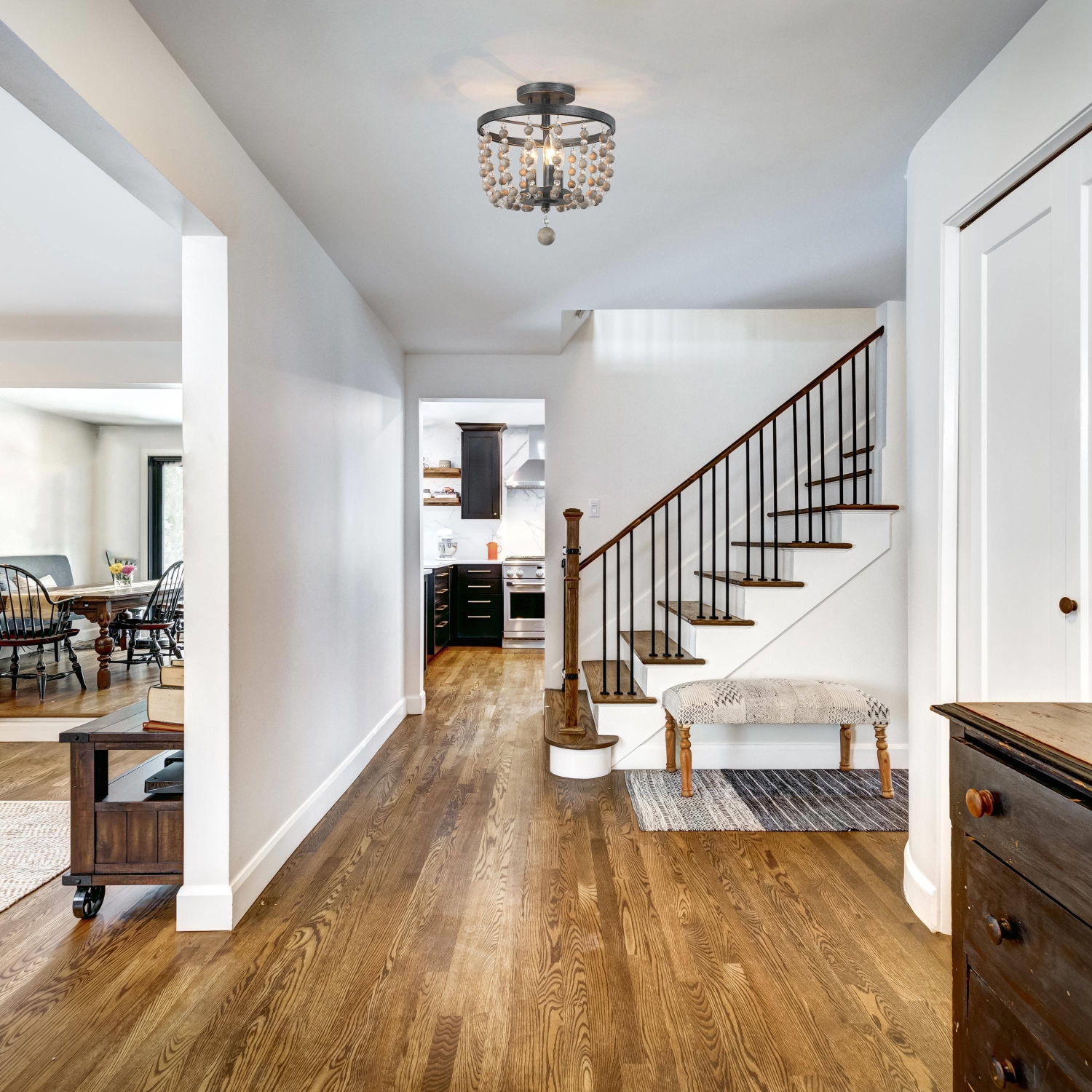 Modern Farmhouse Wood 3-Light Boho Crystal Beads Flush Mount Lights