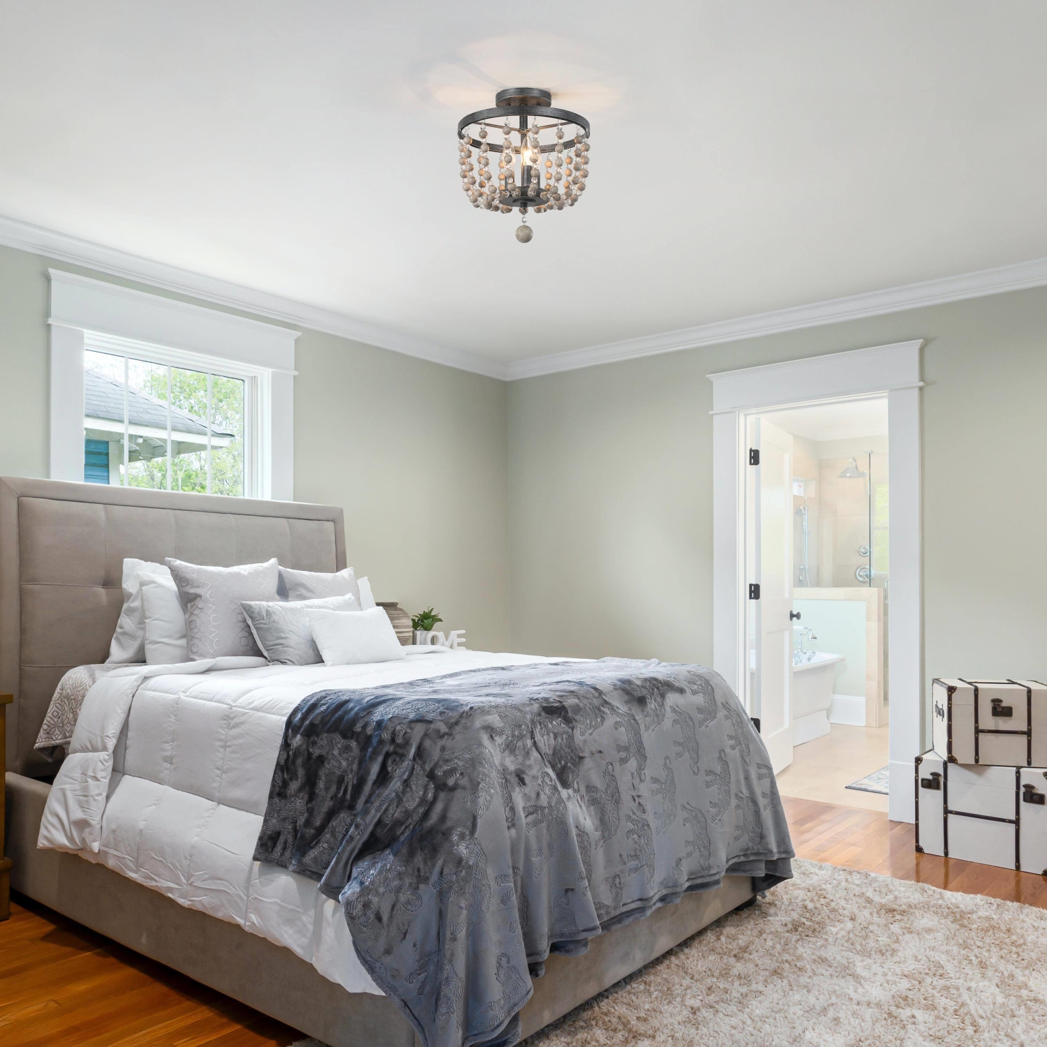 Modern Farmhouse Wood 3-Light Boho Crystal Beads Flush Mount Lights