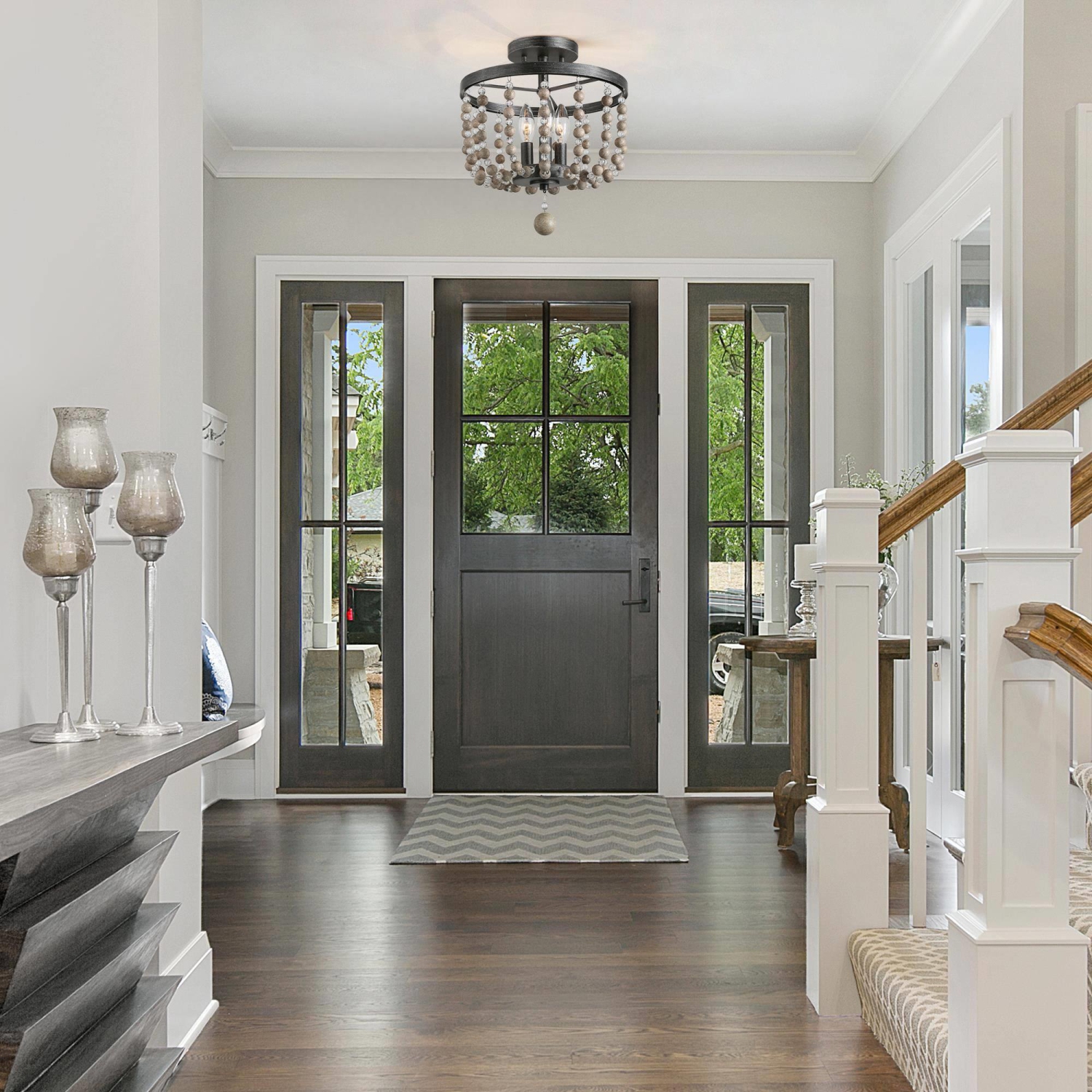 Modern Farmhouse Wood 3-Light Boho Crystal Beads Flush Mount Lights