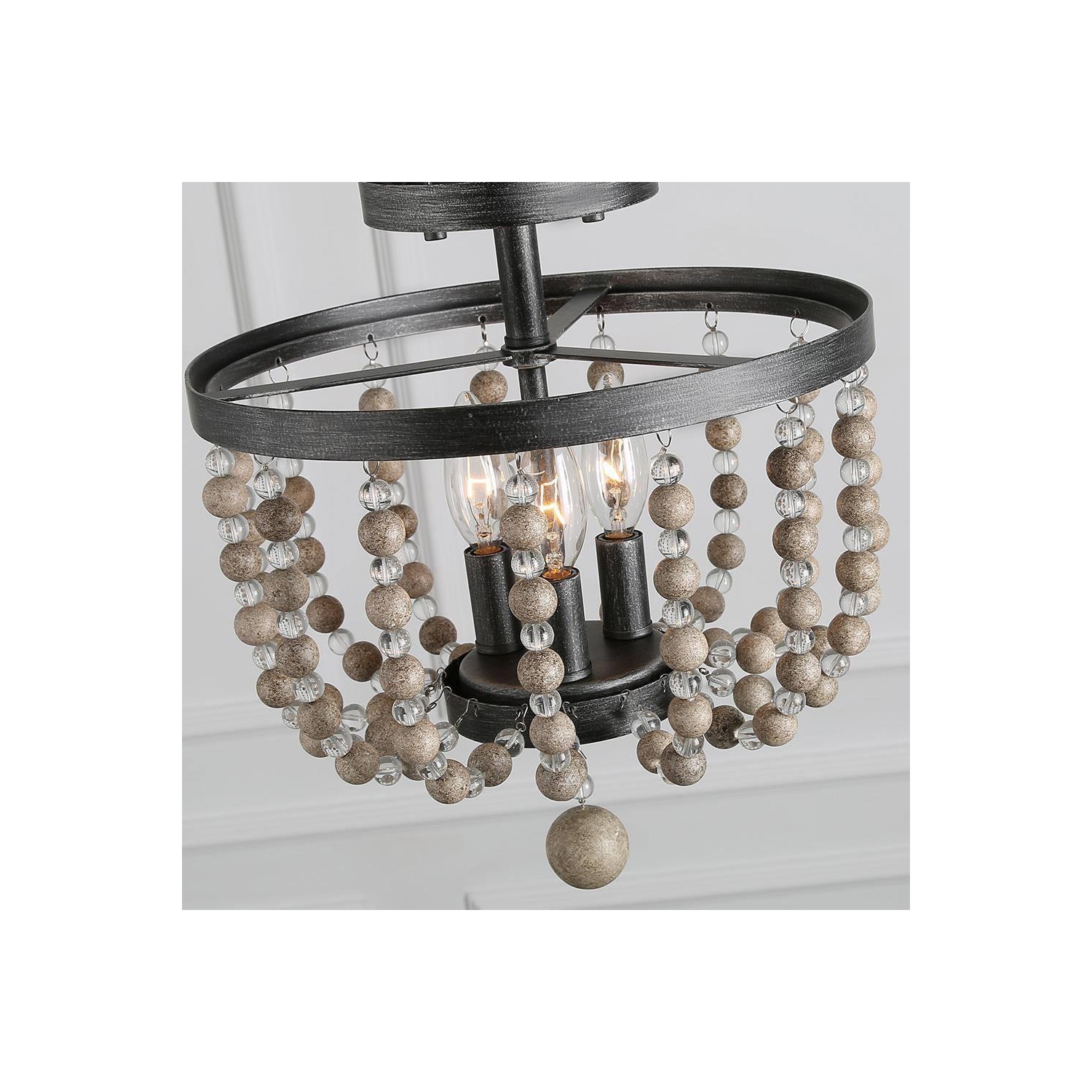 Modern Farmhouse Wood 3-Light Boho Crystal Beads Flush Mount Lights