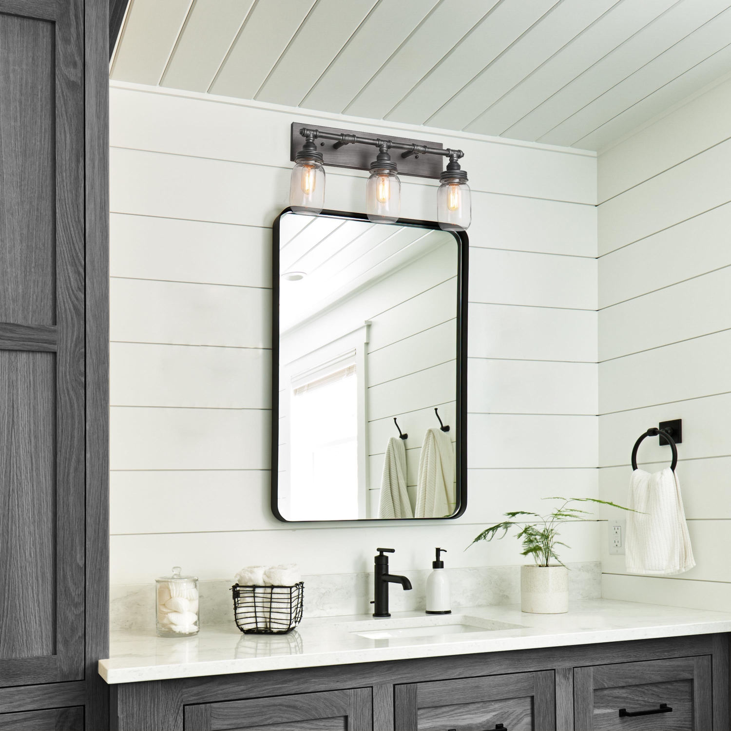 Industrial 3-Light Brushed Silver Glass Bathroom Vanity Lights Wall Sconces