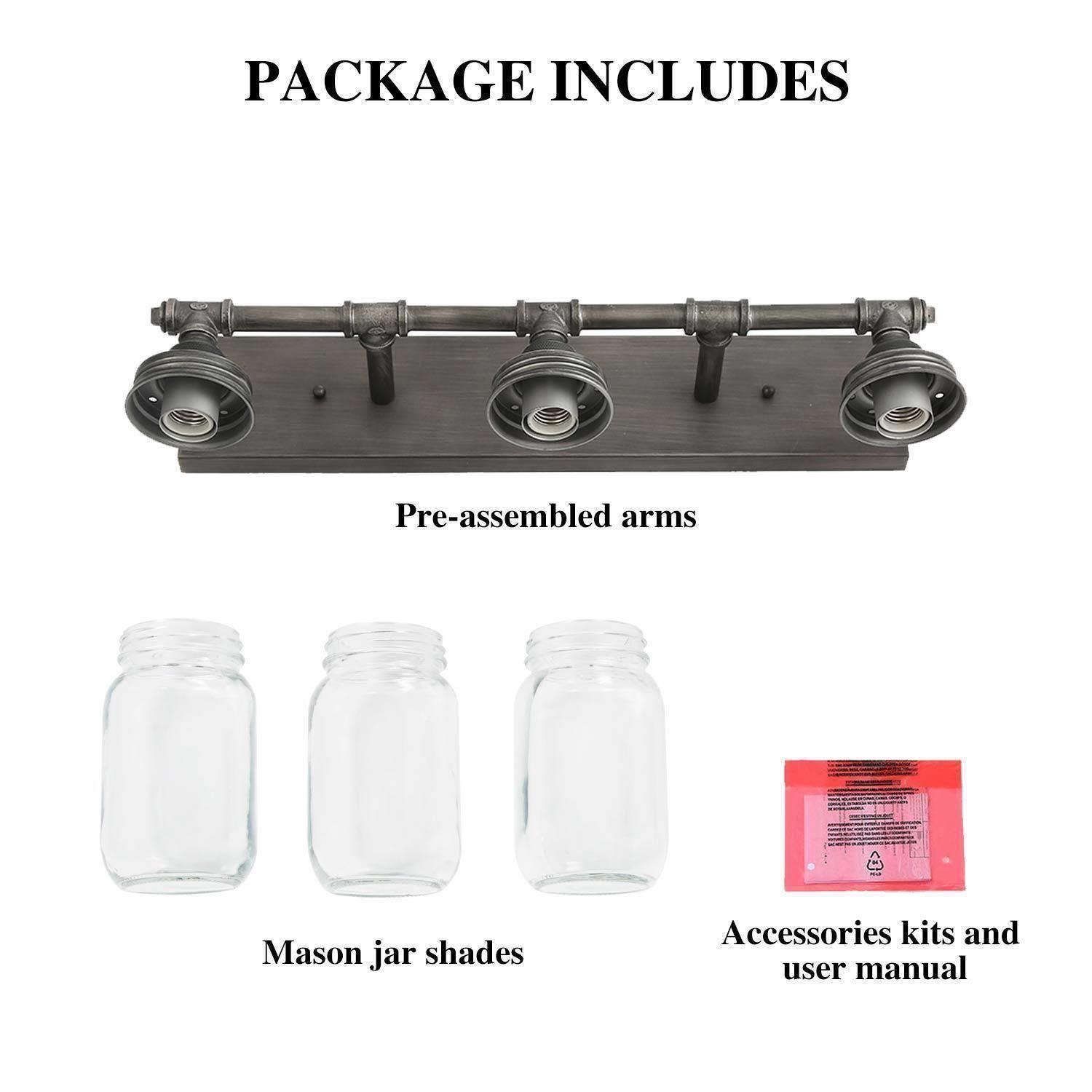 Industrial 3-Light Brushed Silver Glass Bathroom Vanity Lights Wall Sconces