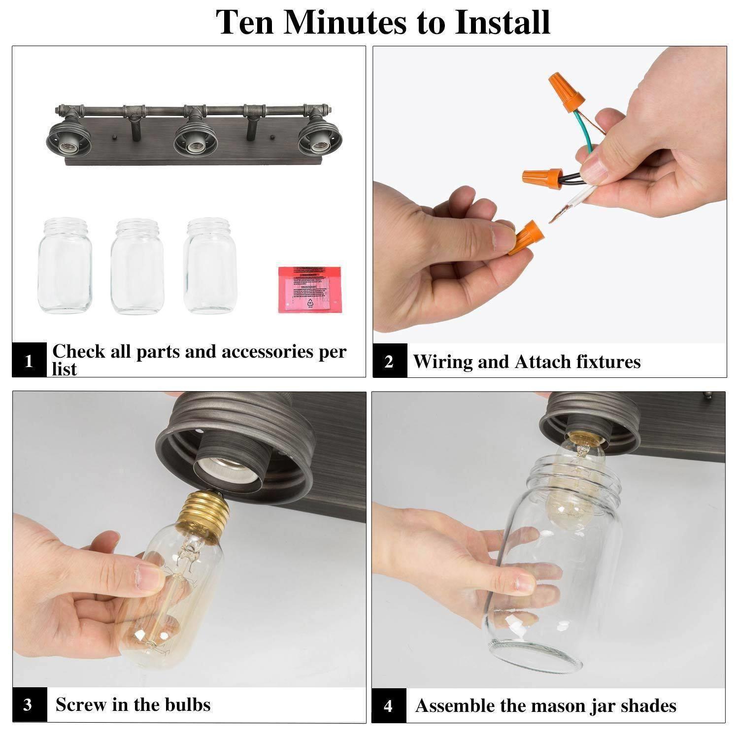 Industrial 3-Light Brushed Silver Glass Bathroom Vanity Lights Wall Sconces