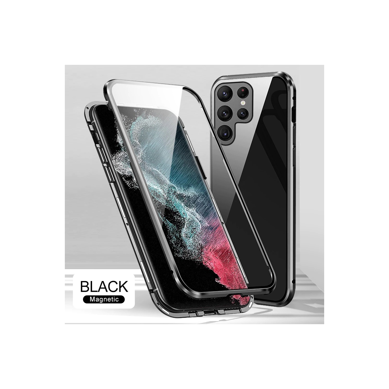 Étui magnétique en verre trempé et en métal transparent à 360° à l’avant et à l’arrière pour Samsung S23 Ultra