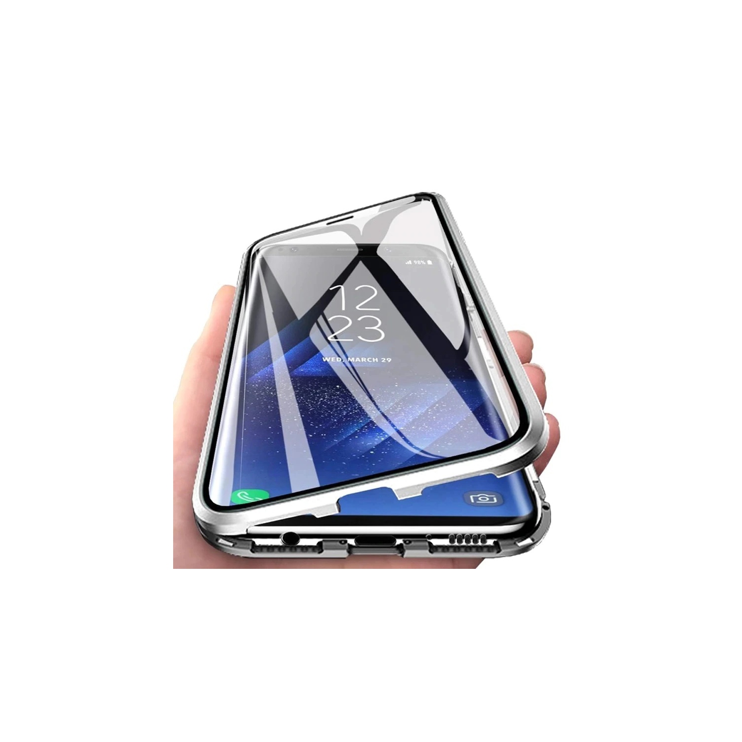 Étui magnétique en verre trempé et en métal transparent à 360° à l’avant et à l’arrière pour Samsung S23 Ultra