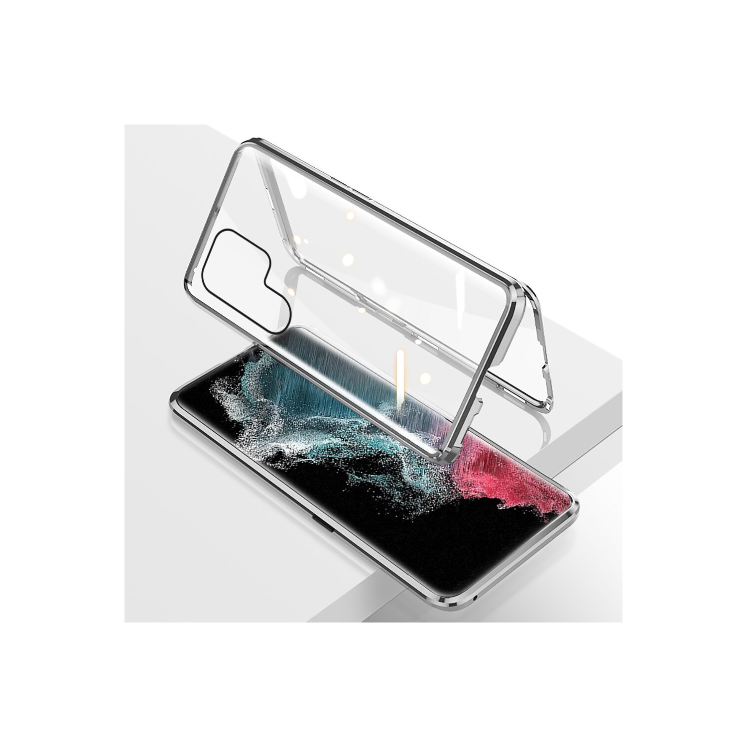 Étui magnétique en verre trempé et en métal transparent à 360° à l’avant et à l’arrière pour Samsung S23 Ultra