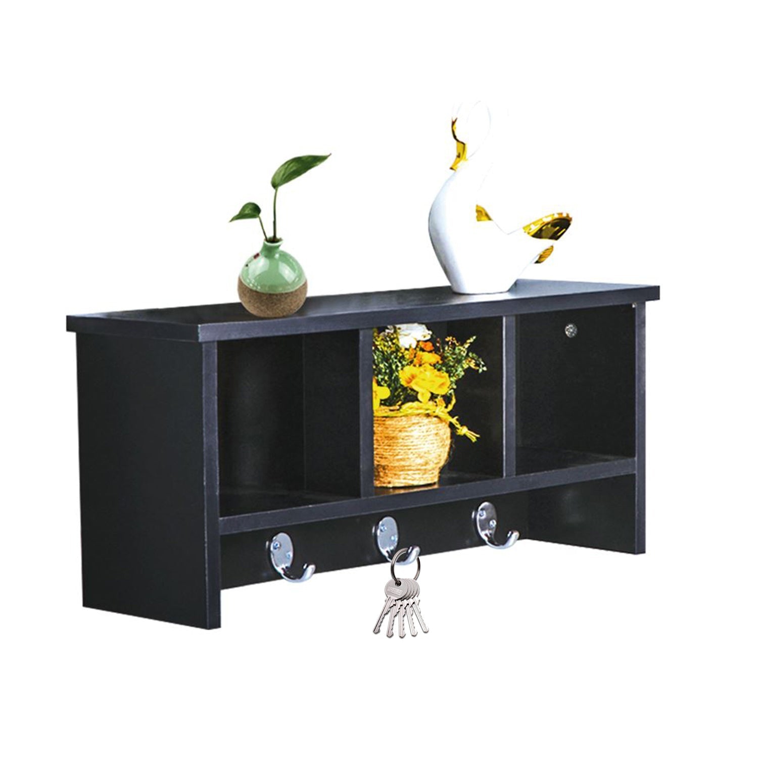Jessar - Wall Floating Shelf with Compartments and Hooks, 22" x 10.8" x 6.7", Black