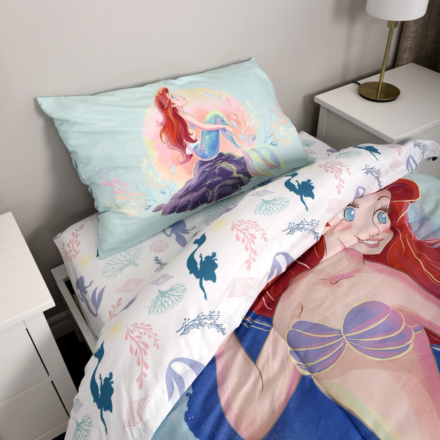 Little Mermaid 4 Piece Kids Twin Bedding Set Is A Dream Come True, Includes A Cozy Comforter, Flat Sheet, Fitted Sheet, And Pillowcase For The