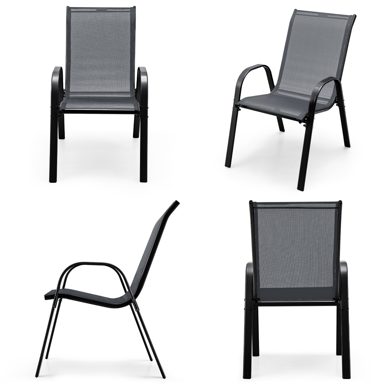 Gymax 4PCS Patio Stacking Dining Chairs w/ Curved Armrests & Breathable Seat Fabric Grey