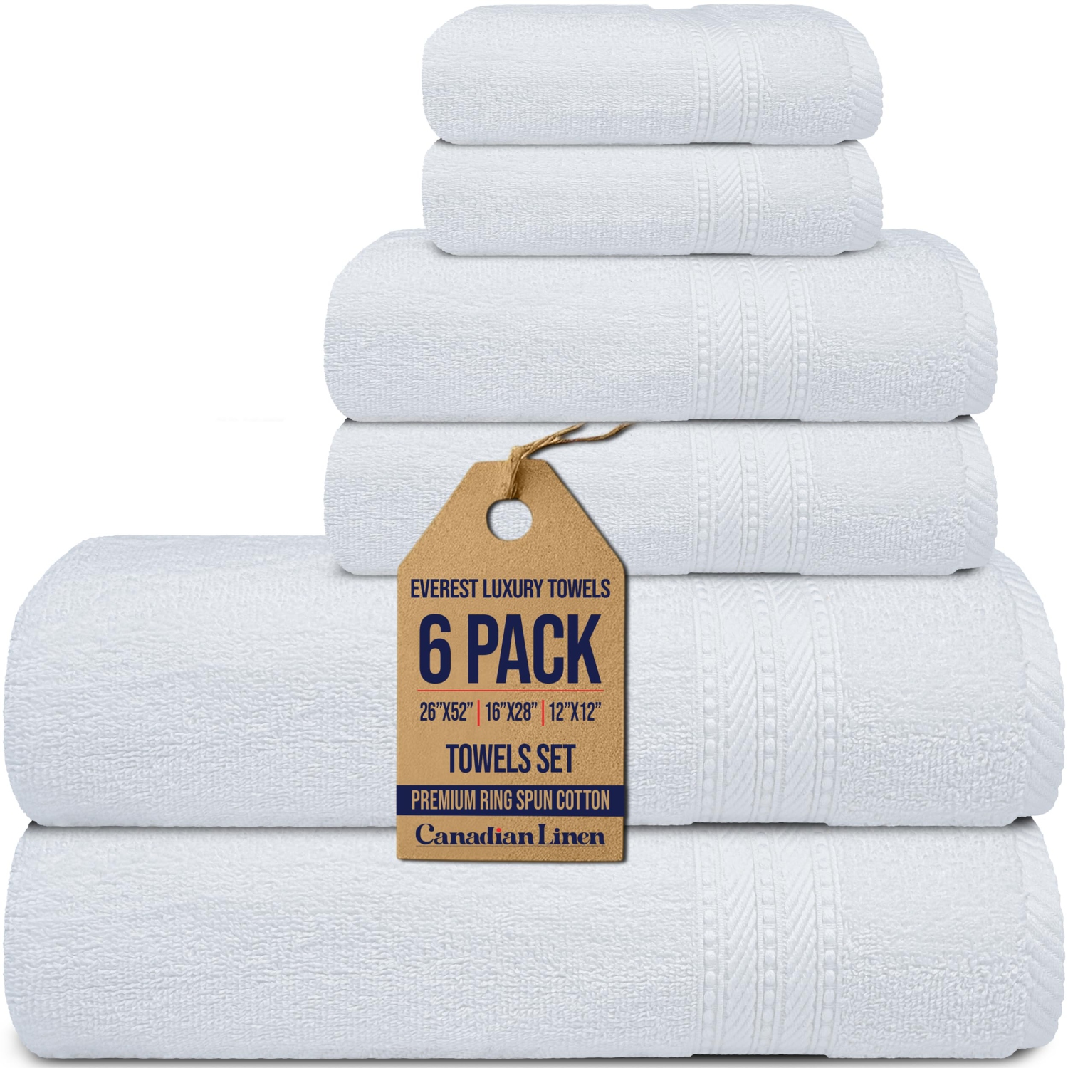 Serviettes Everest de luxe de Canadian Linen, paquet de 6 en coton doux absorbant, séchage rapide, léger, blanc&nbsp;