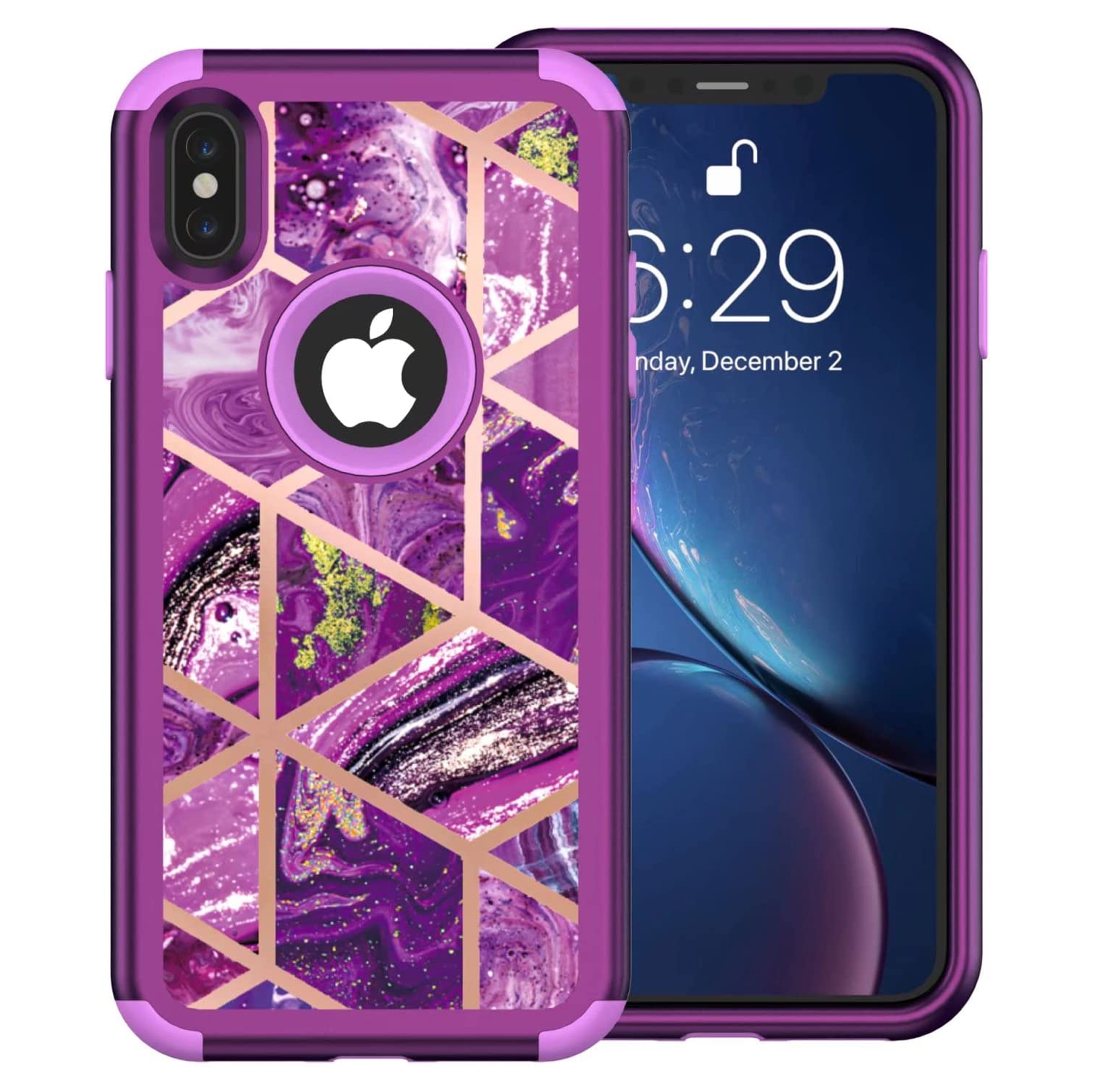 Heavy Duty Full-Body Armor Shockproof Bumper Hard Back Geometric Marble Phone Case for iPhone X A1865 A1901 / iPhone XS A1920