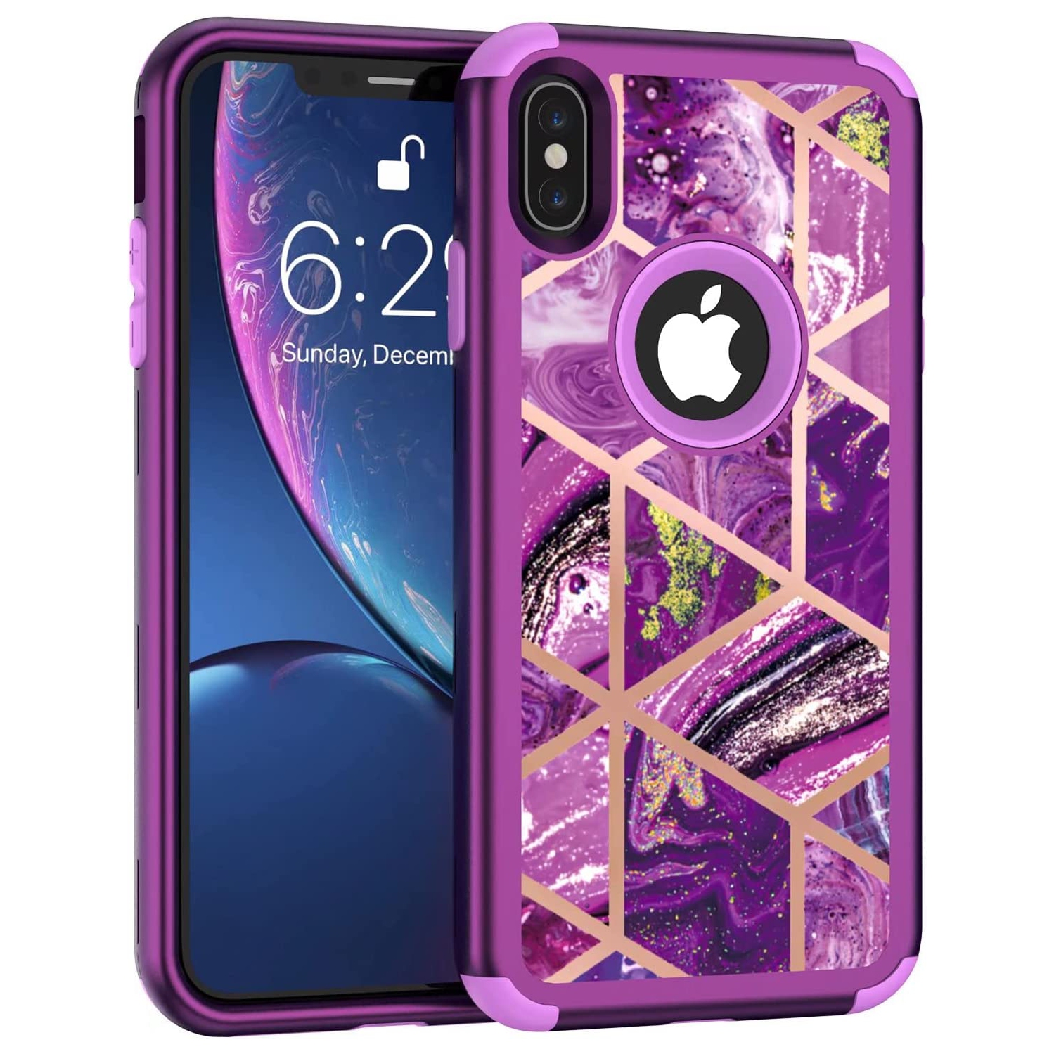 Heavy Duty Full-Body Armor Shockproof Bumper Hard Back Protective Geometric Marble Phone Case for iPhone XS Max A1921