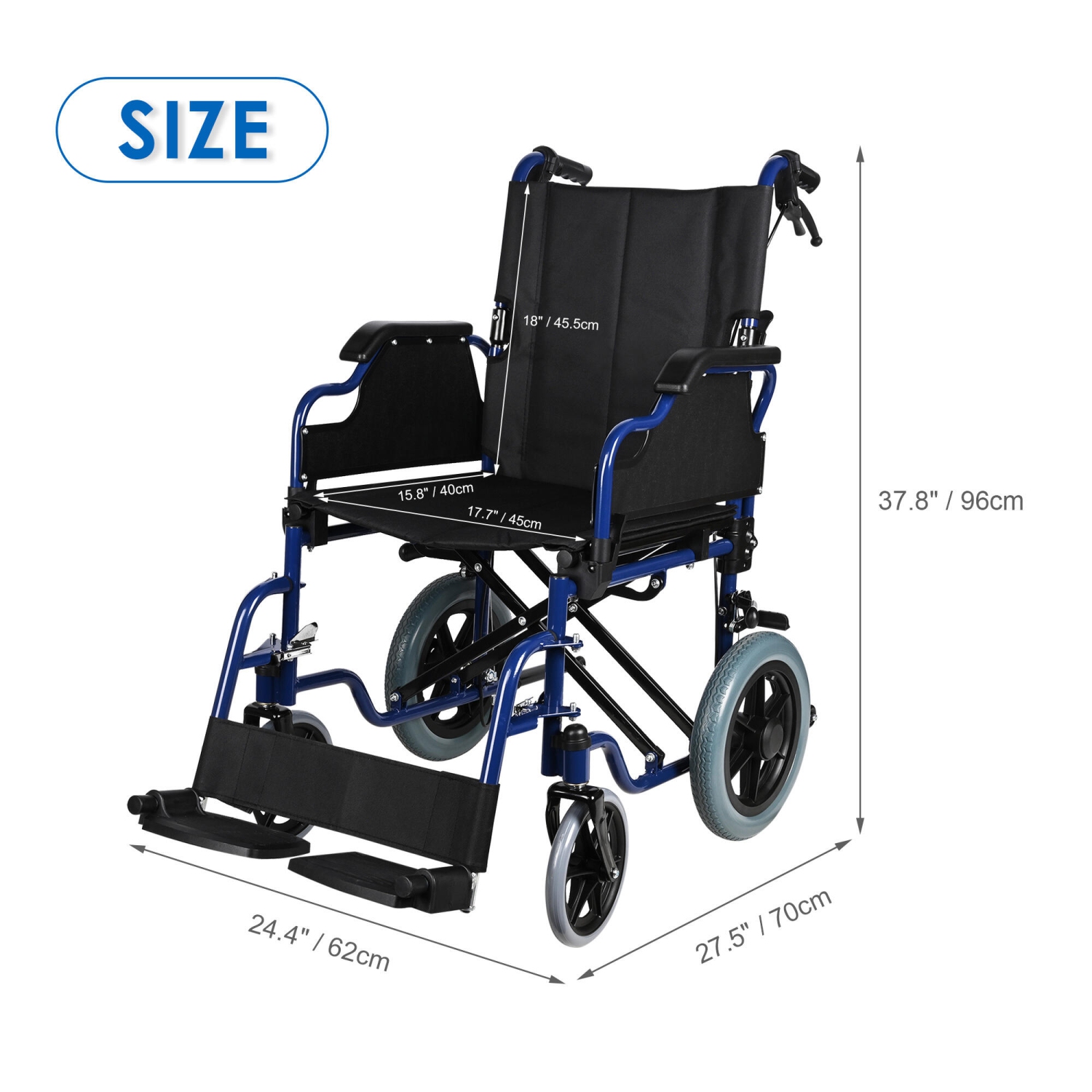 Fauteuil roulant avec freins à main et roue arrière de 12 po, repose-pieds escamotables et soutien jusqu'à 220 lb, siège de 17 po