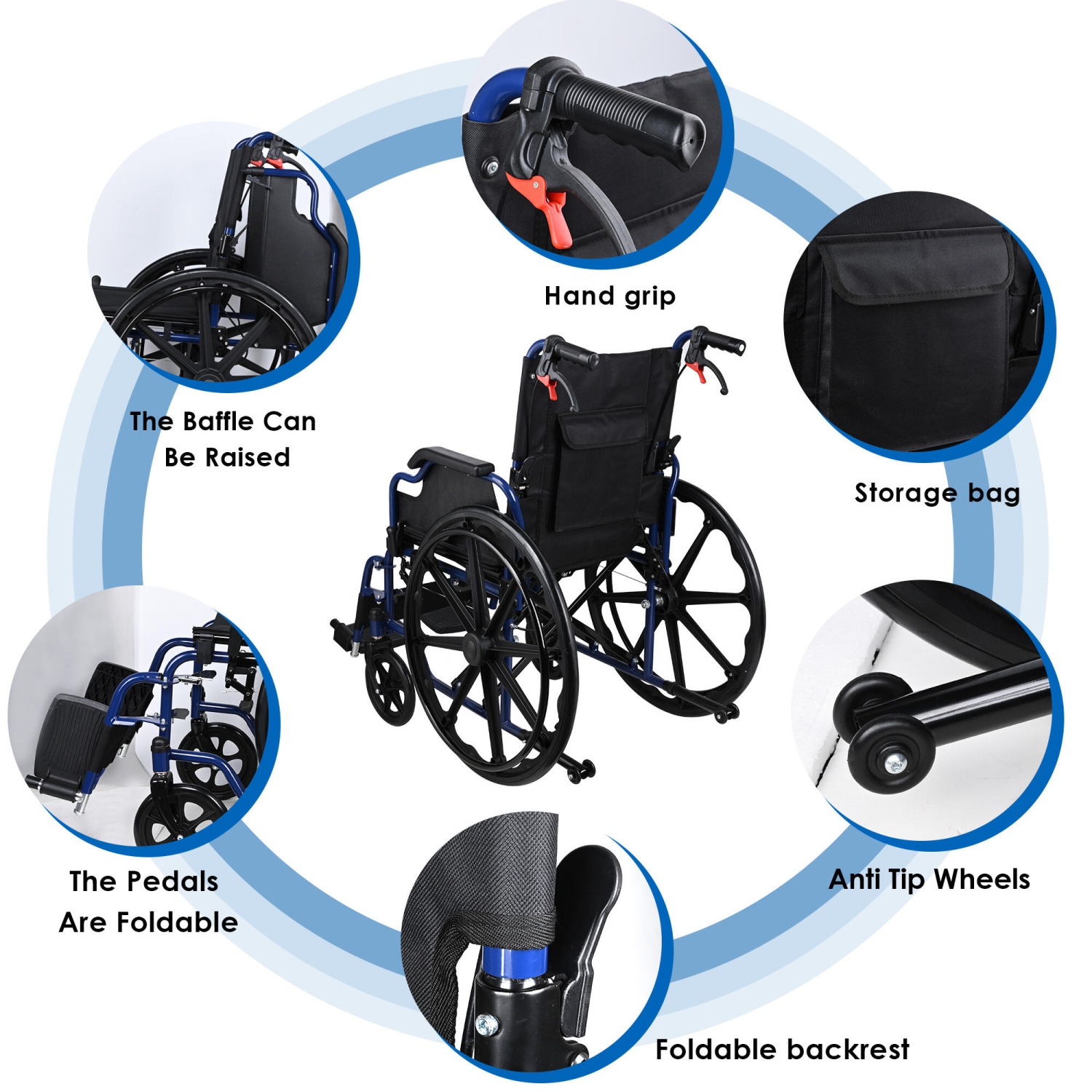 Lightweight Collapsible Transport Wheelchair with Swing Away Footrests, Foldable with 23.6" Rear Wheel Support Weight Up to 220 Lbs