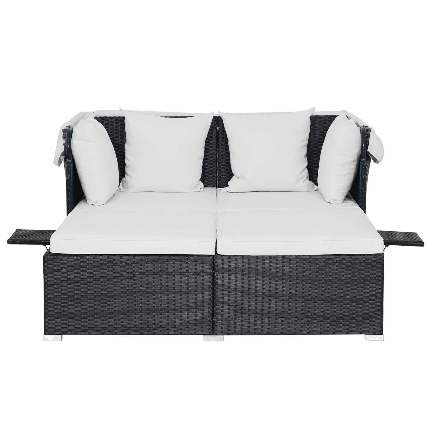 Topbuy Outdoor Daybed with Retractable Canopy PE Rattan Sunbed with Soft Cushions & Pillows 2 Folding Side Trays Red/Off White